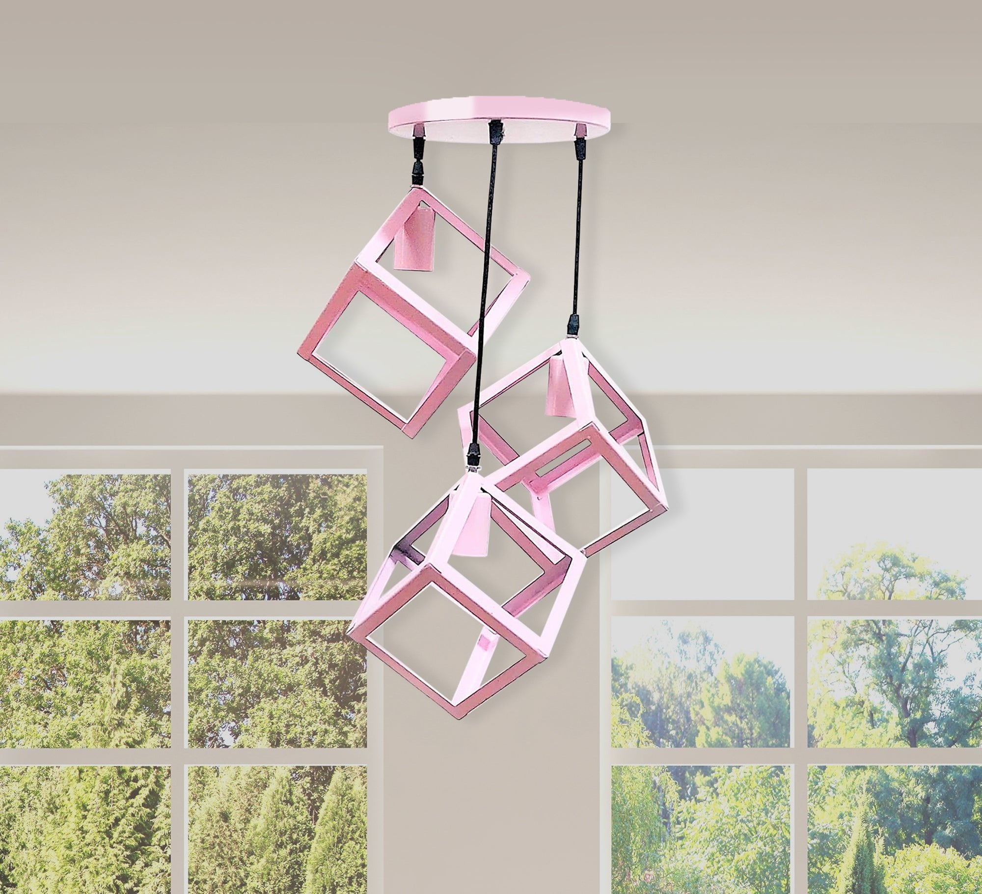Modern Triple Chandelier with Circular Base in Pink - Vitrine Furniture - Lighting
