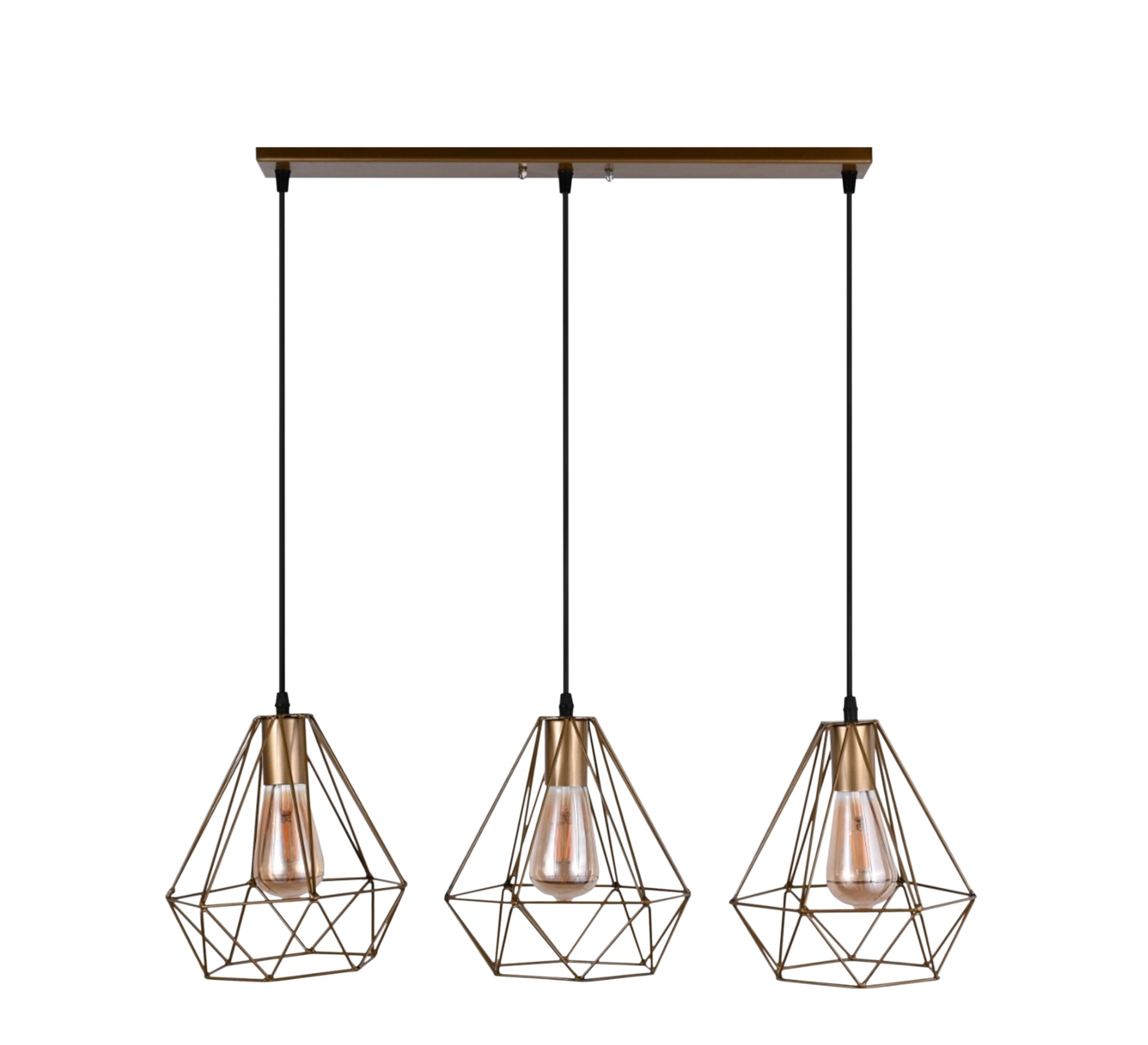 Modern Triple Chandelier with Golden Track and Three Triangular Cage Pendants - Vitrine Furniture - Lighting
