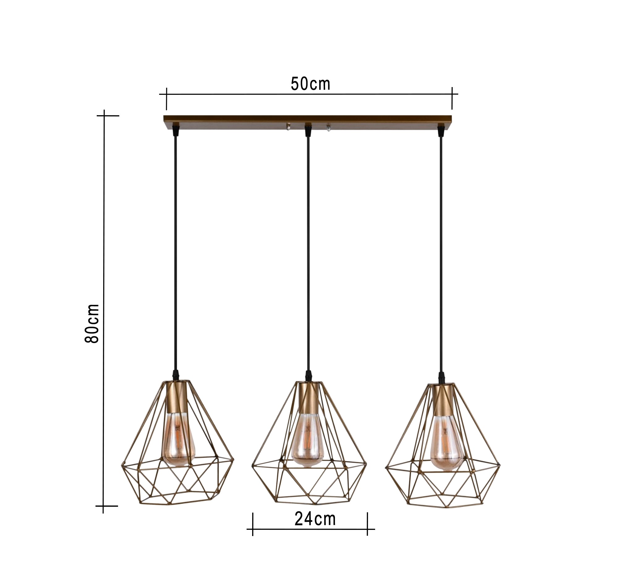 Modern Triple Chandelier with Golden Track and Three Triangular Cage Pendants - Vitrine Furniture - Lighting