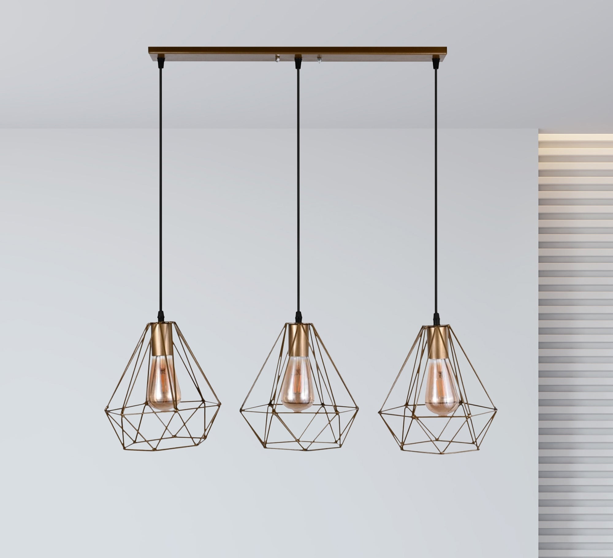Modern Triple Chandelier with Golden Track and Three Triangular Cage Pendants - Vitrine Furniture - Lighting