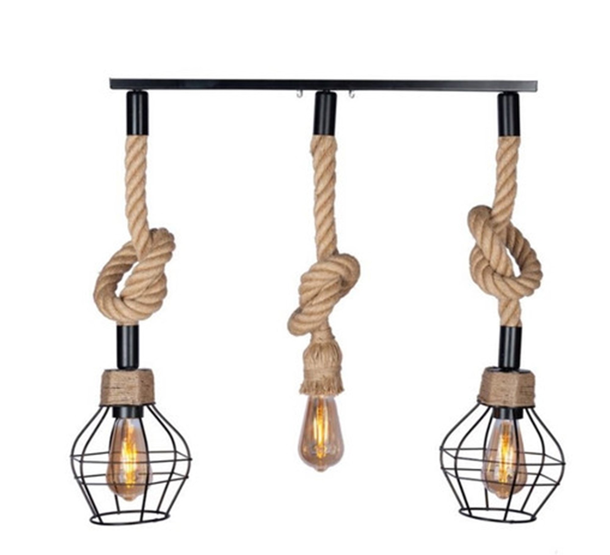 Modern Triple Chandelier with Hanging Light Fixtures Suspended by Cables, Two Units Inside a Black Metal Cage - Vitrine Furniture - Lighting