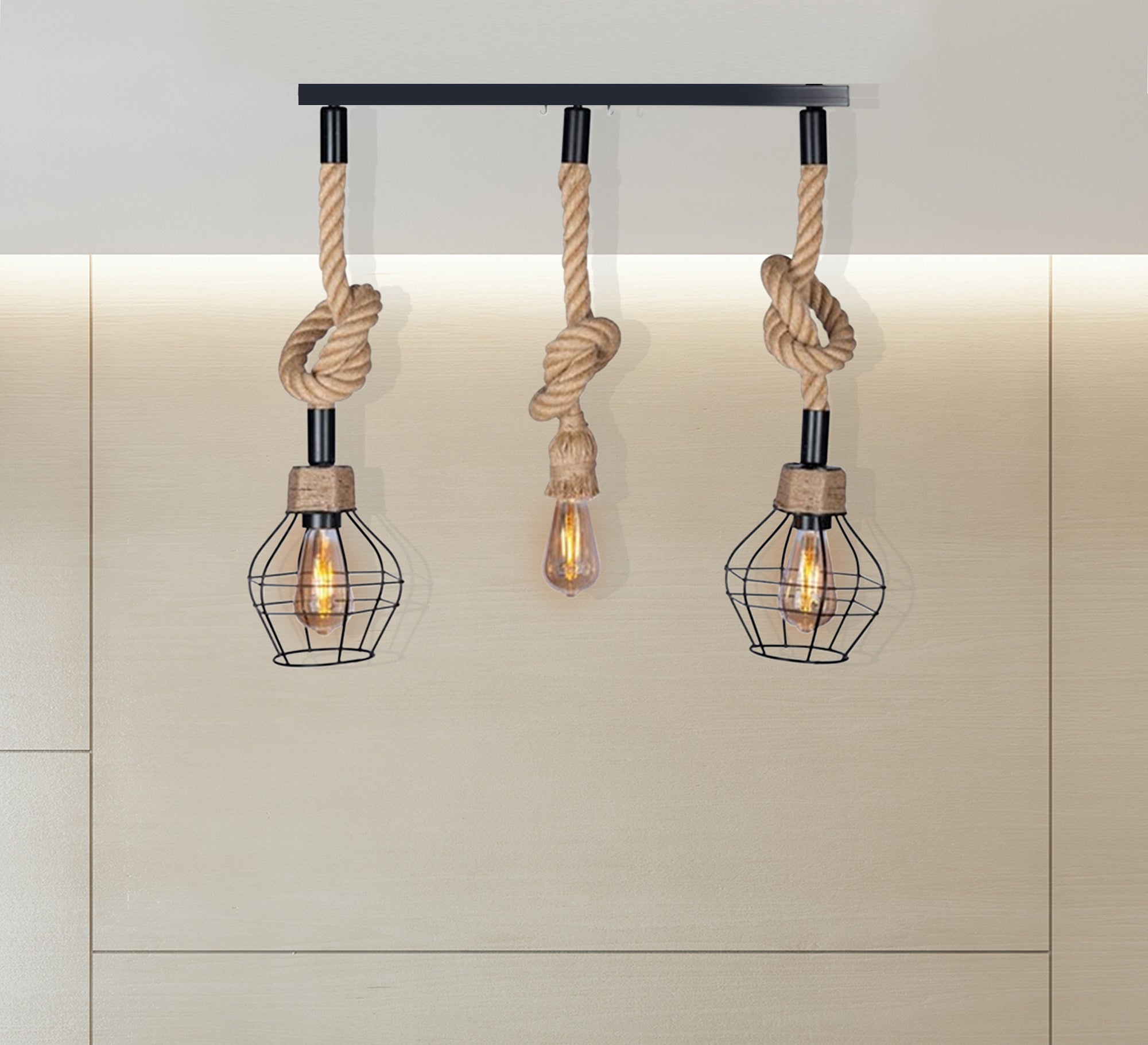 Modern Triple Chandelier with Hanging Light Fixtures Suspended by Cables, Two Units Inside a Black Metal Cage - Vitrine Furniture - Lighting