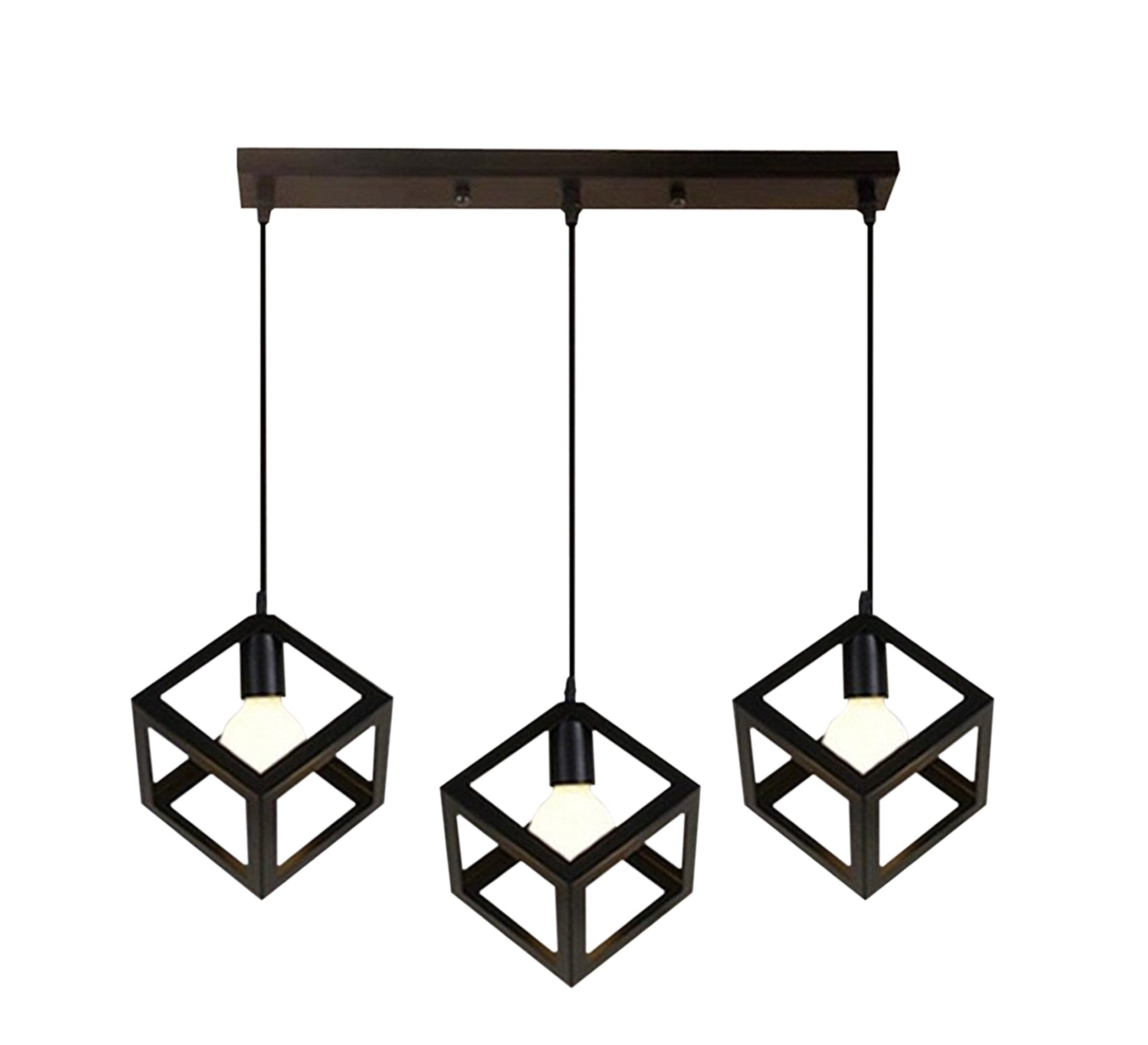 Modern Triple Chandelier with Square Black Cage Light Fixtures at Different Heights - Vitrine Furniture - Lighting