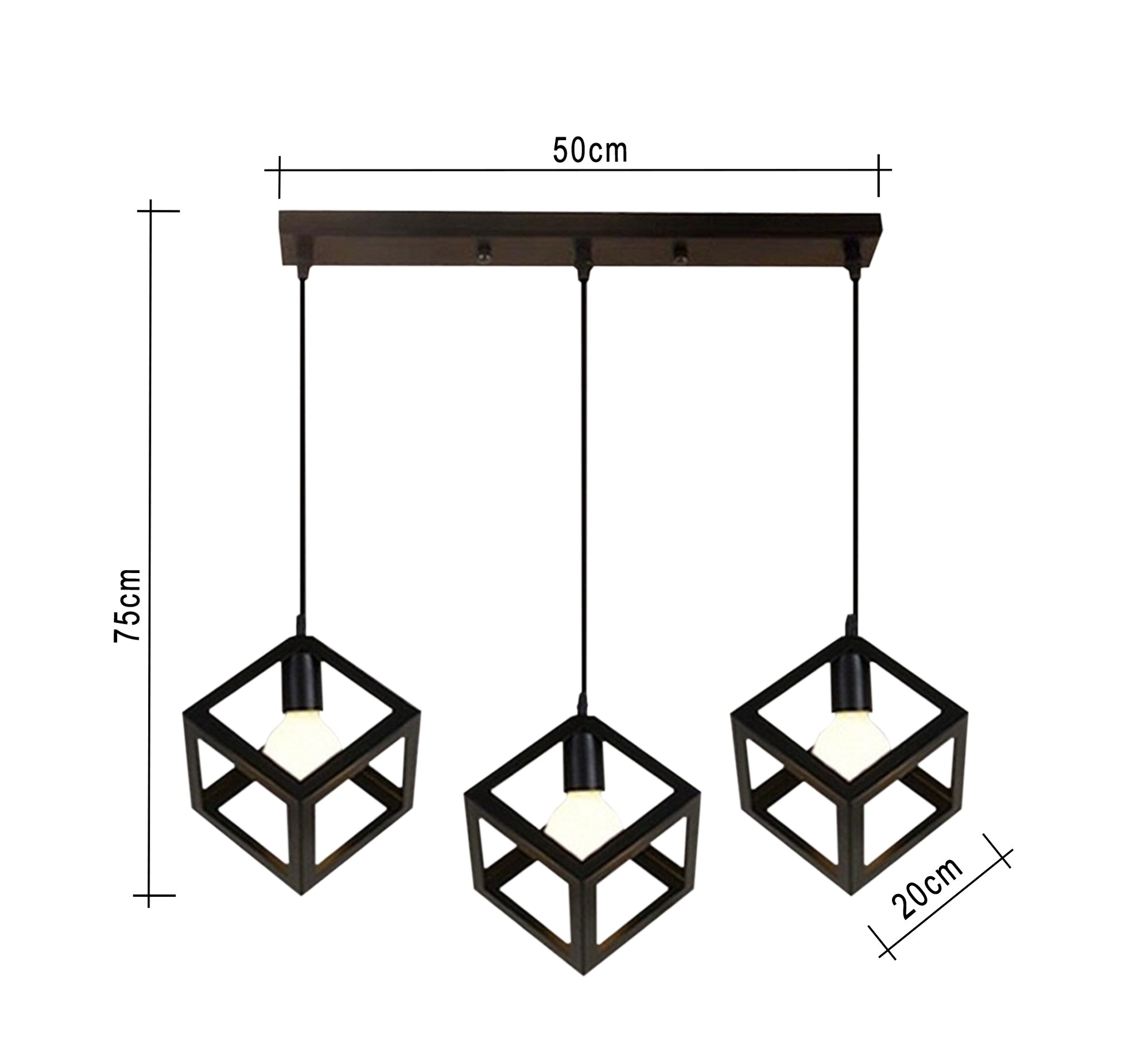 Modern Triple Chandelier with Square Black Cage Light Fixtures at Different Heights - Vitrine Furniture - Lighting