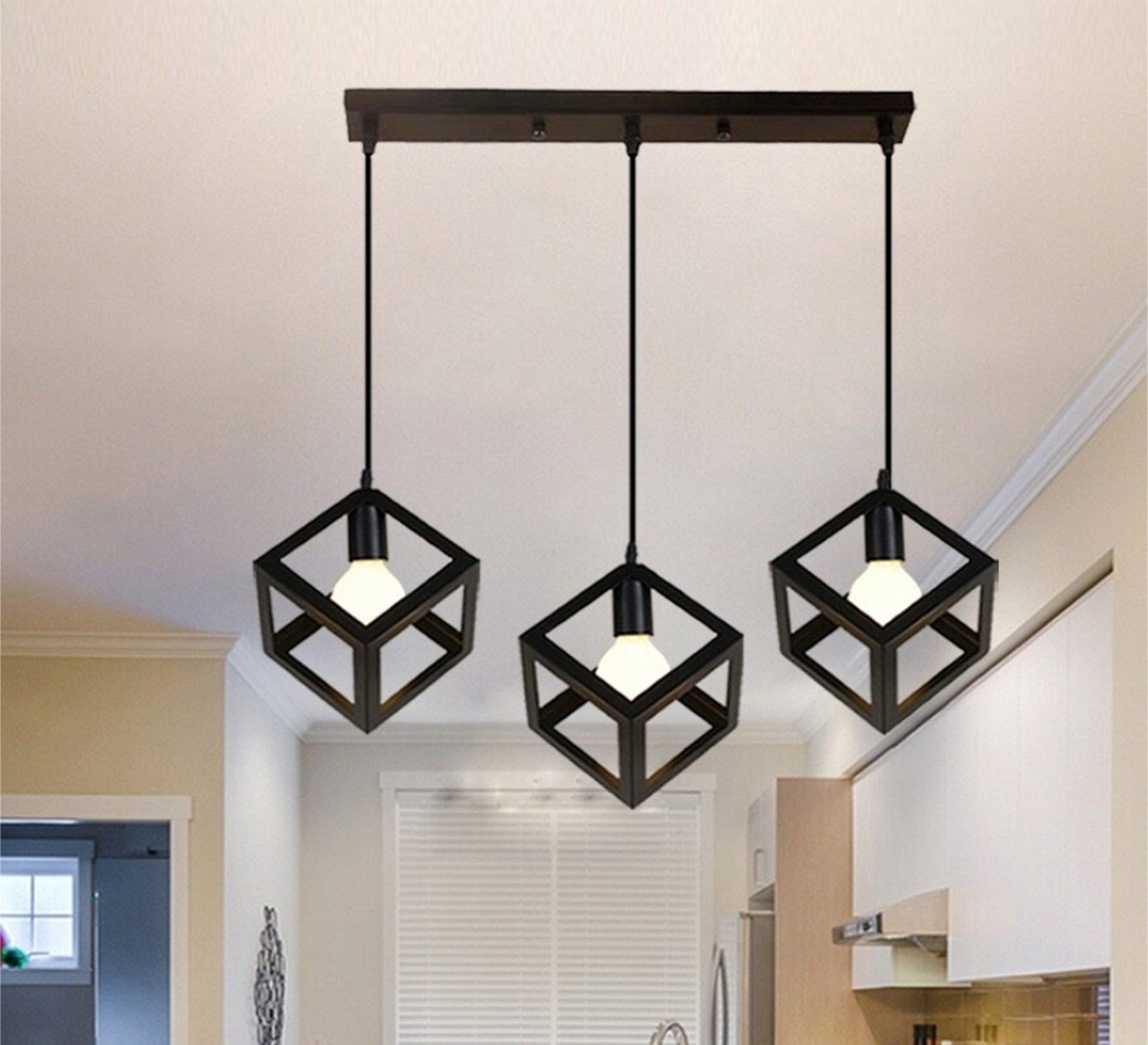 Modern Triple Chandelier with Square Black Cage Light Fixtures at Different Heights - Vitrine Furniture - Lighting
