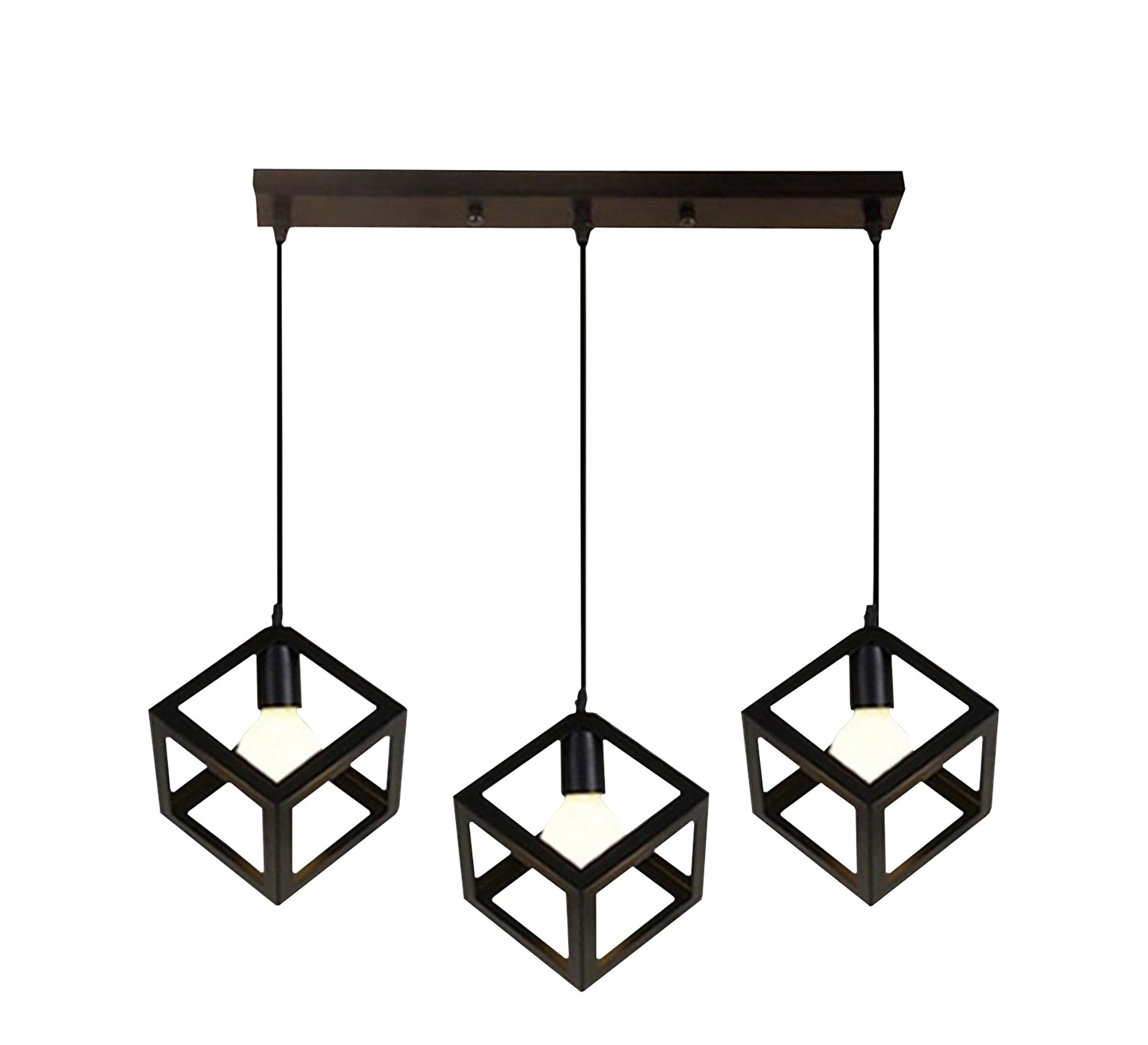 Modern Triple Chandelier with Square Black Cage Light Fixtures at Equal Heights - Vitrine Furniture - Lighting