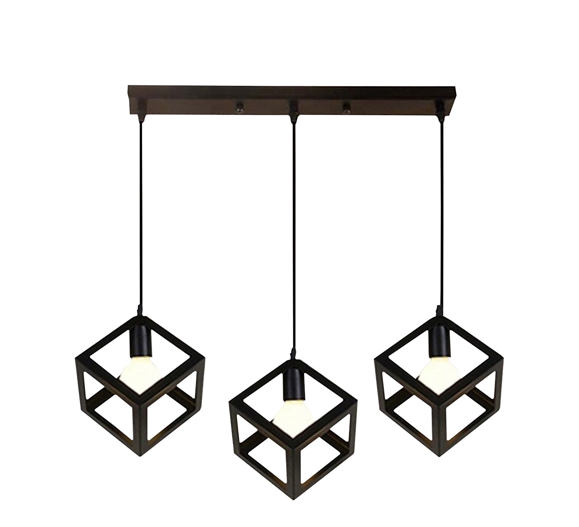Modern Triple Chandelier with Square Black Cage Light Fixtures at Equal Heights - Vitrine Furniture - Lighting