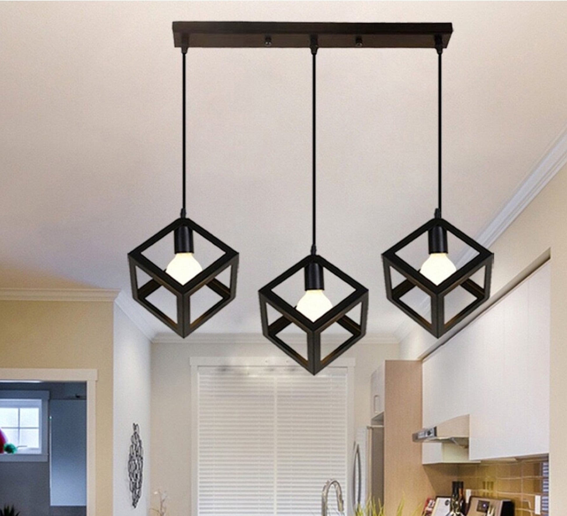 Modern Triple Chandelier with Square Black Cage Light Fixtures at Equal Heights - Vitrine Furniture - Lighting