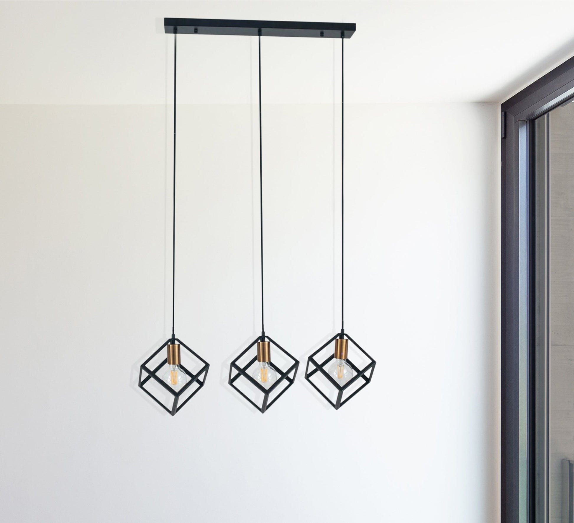 Modern Triple Chandelier with Square Black Cage Light Fixtures - Vitrine Furniture - Lighting