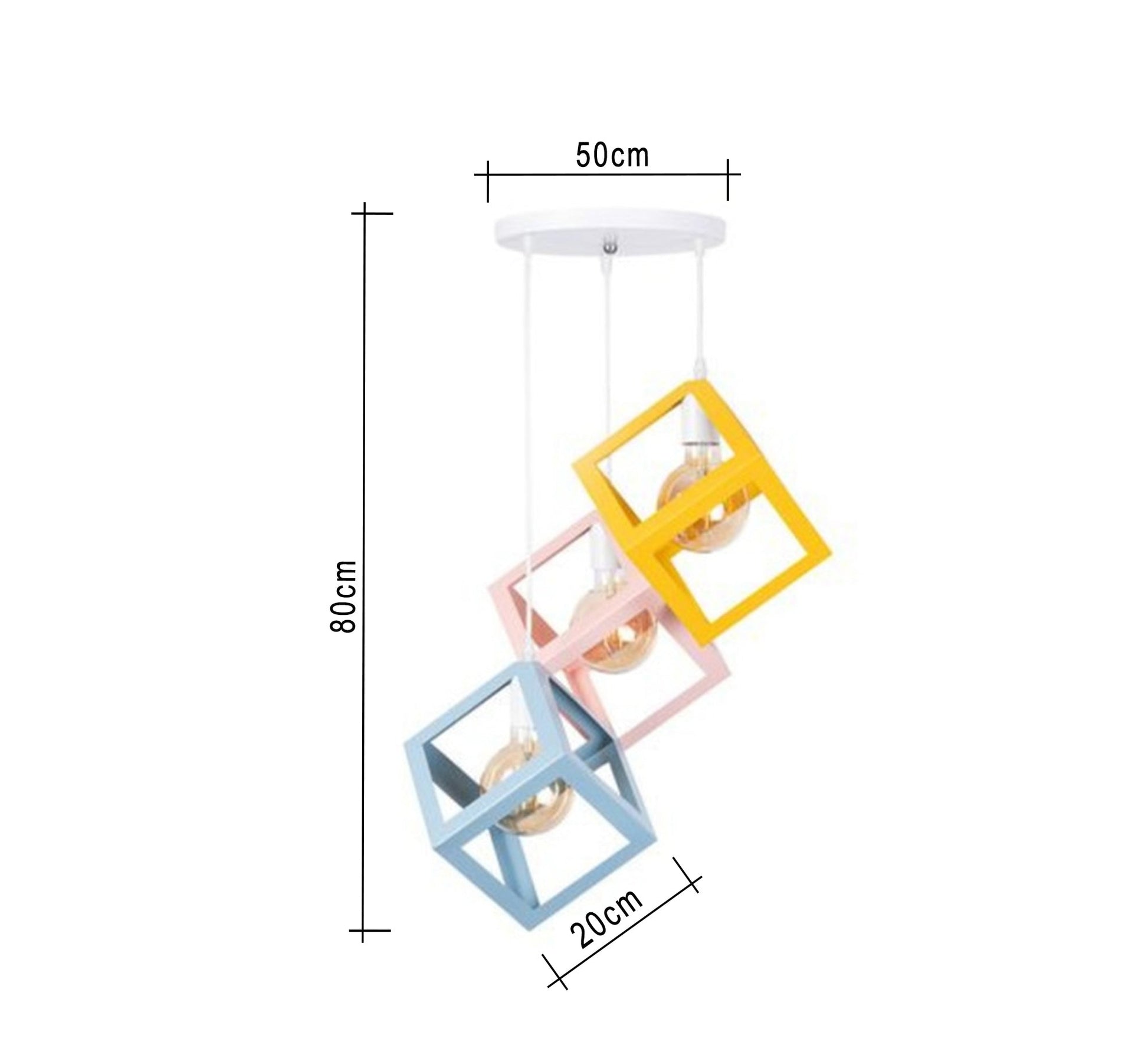 Modern Triple Chandelier with Square Cage Light Fixtures at Different Heights and Colors - Vitrine Furniture - Lighting