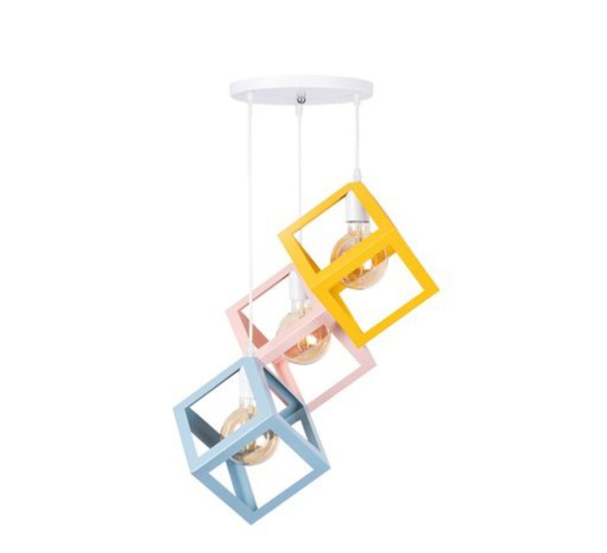 Modern Triple Chandelier with Square Cage Light Fixtures at Different Heights and Colors - Vitrine Furniture - Lighting