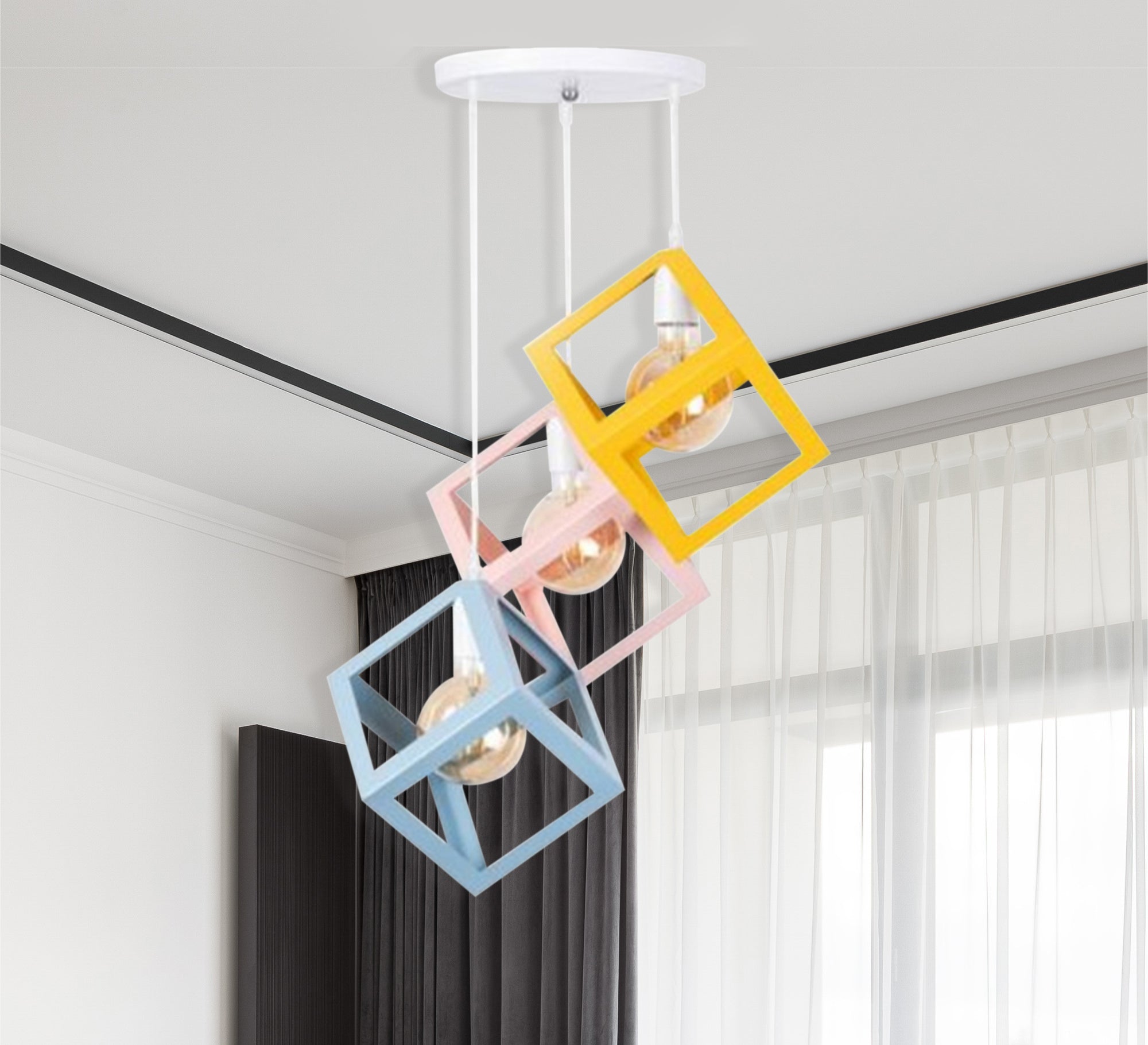 Modern Triple Chandelier with Square Cage Light Fixtures at Different Heights and Colors - Vitrine Furniture - Lighting
