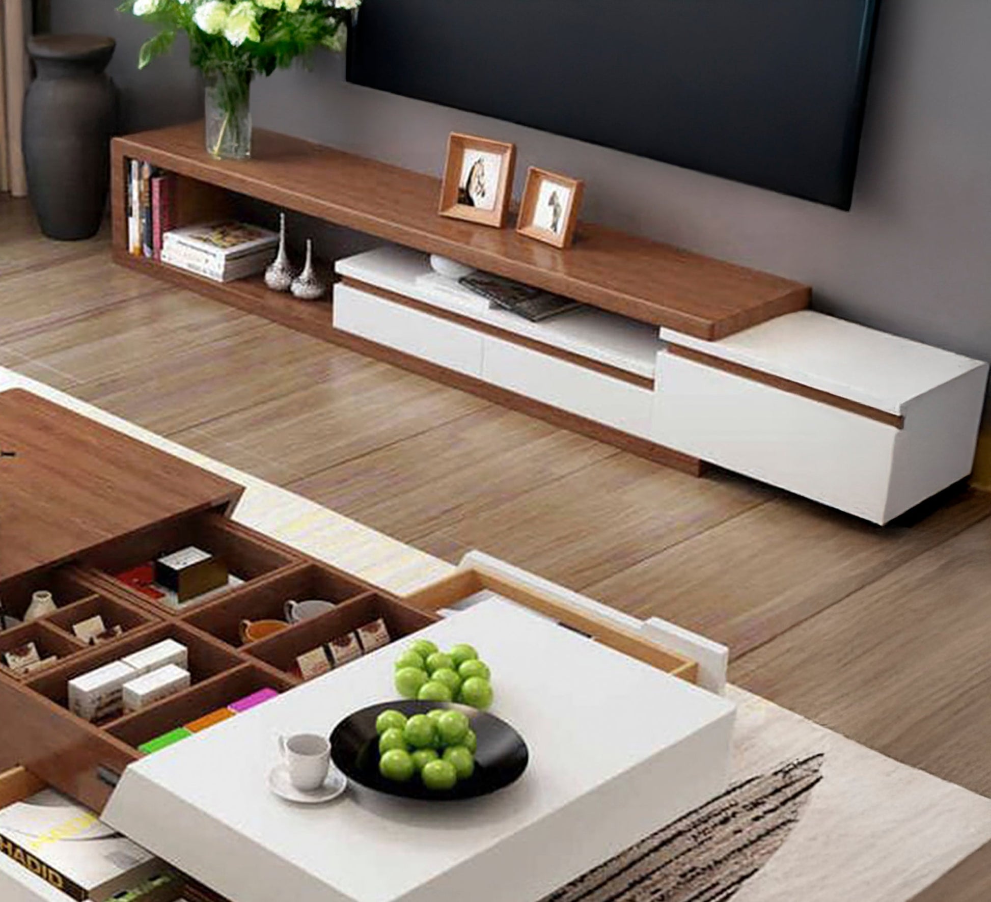 Modern TV stand in white and brown - Vitrine Furniture - TV Table & Cabinet