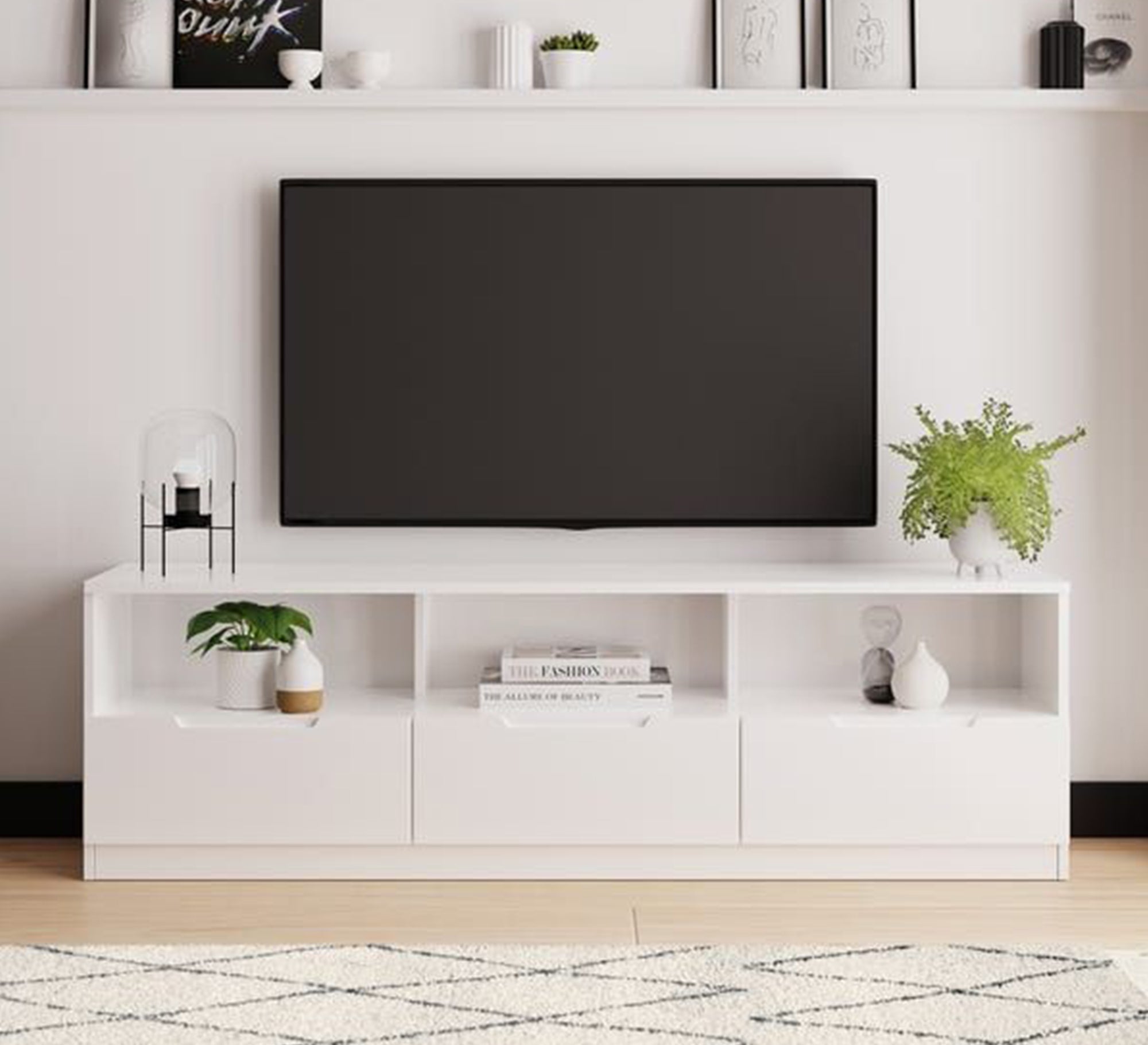 Modern TV stand with three white drawers - Vitrine Furniture - TV Table & Cabinet
