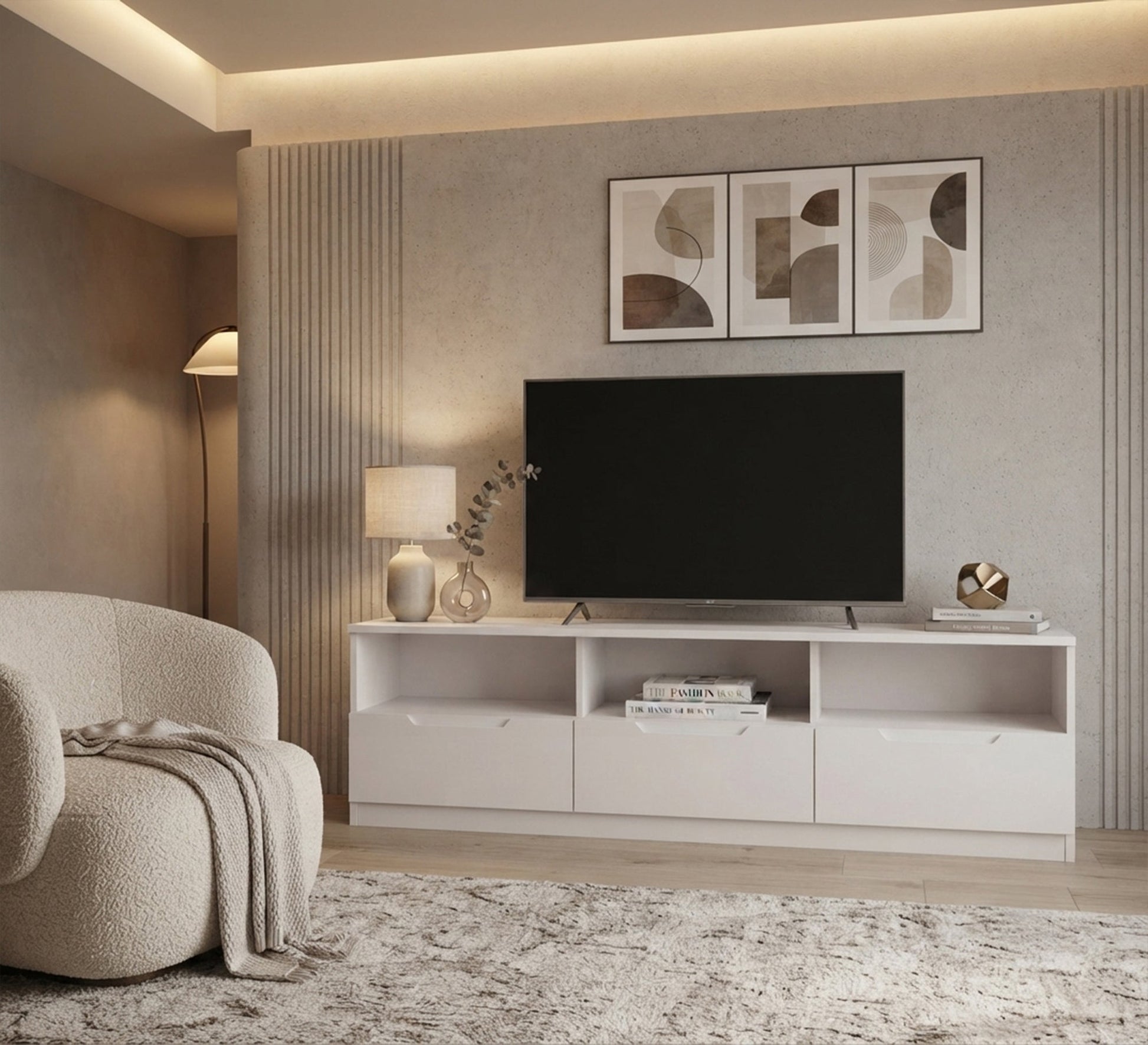 Modern TV stand with three white drawers - Vitrine Furniture - TV Table & Cabinet