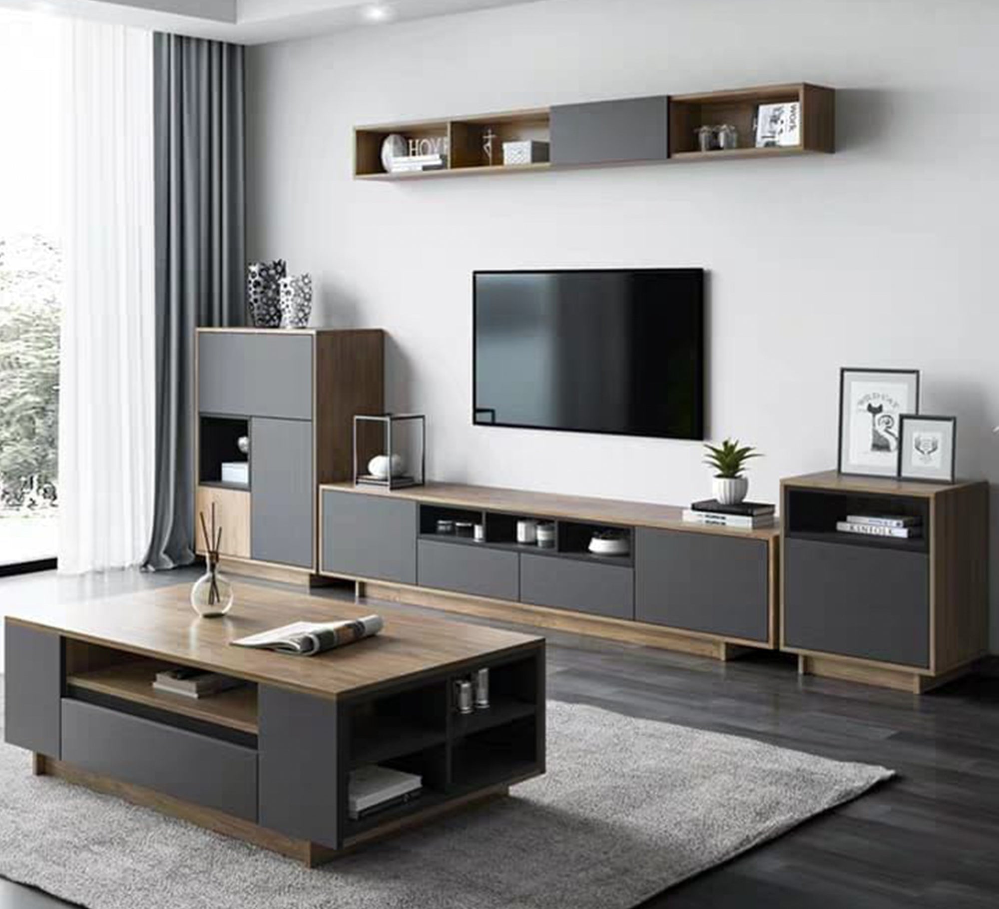 Modern TV table and coffee table with shelves and drawers - Vitrine Furniture - Furniture