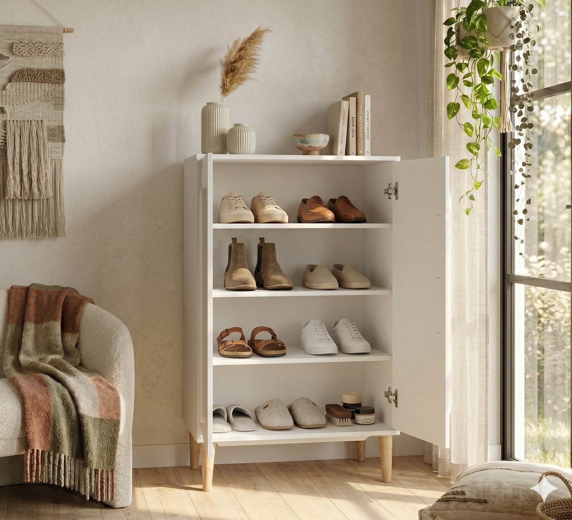 Modern white cabinet with elegant wooden legs - Vitrine Furniture - Shoe Racks