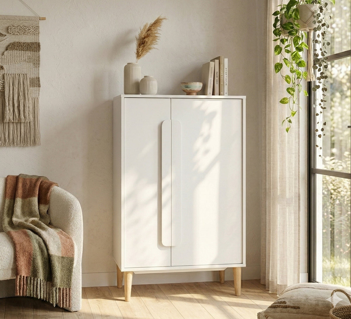 Modern white cabinet with elegant wooden legs - Vitrine Furniture - Shoe Racks