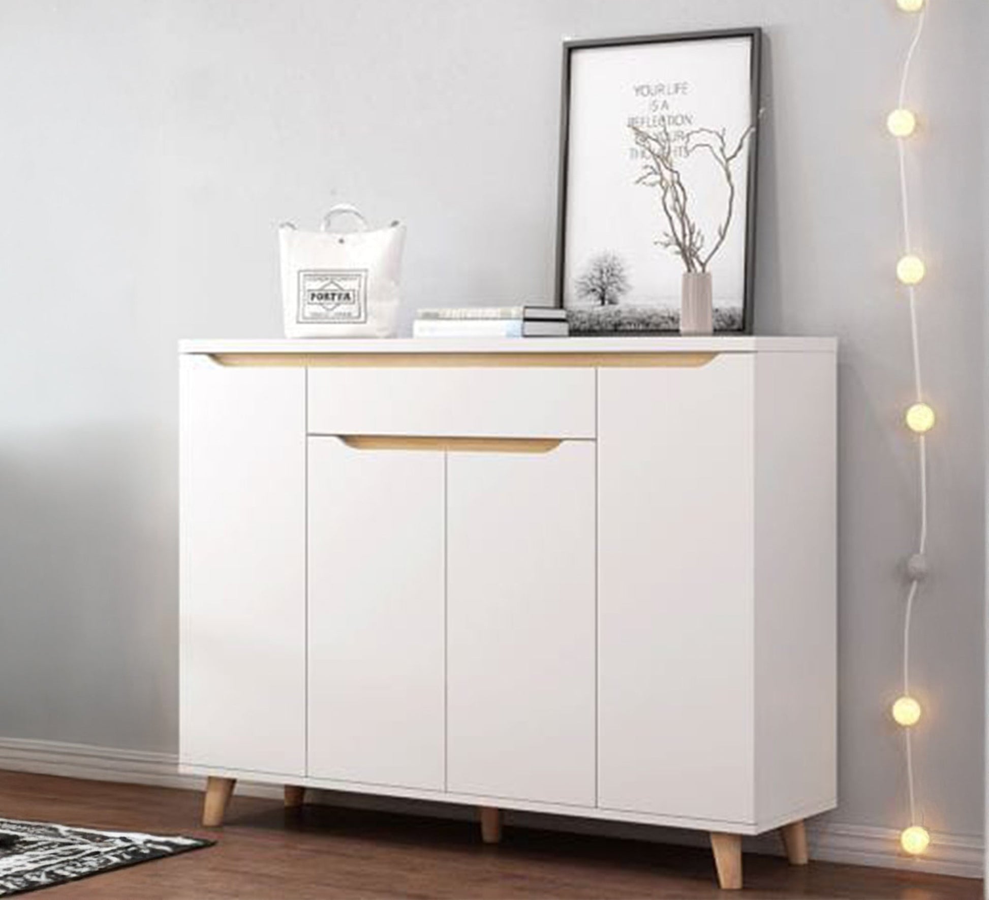 Modern white shoe unit with beige accents - Vitrine Furniture - Furniture