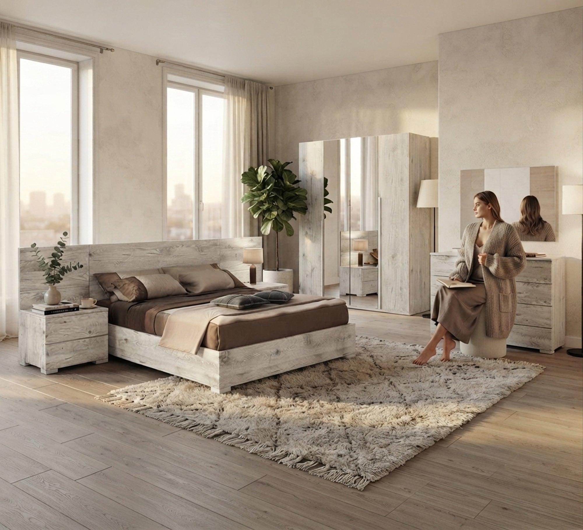 Modern wooden bedroom with a white design - Vitrine Furniture - Master Bedroom Sets