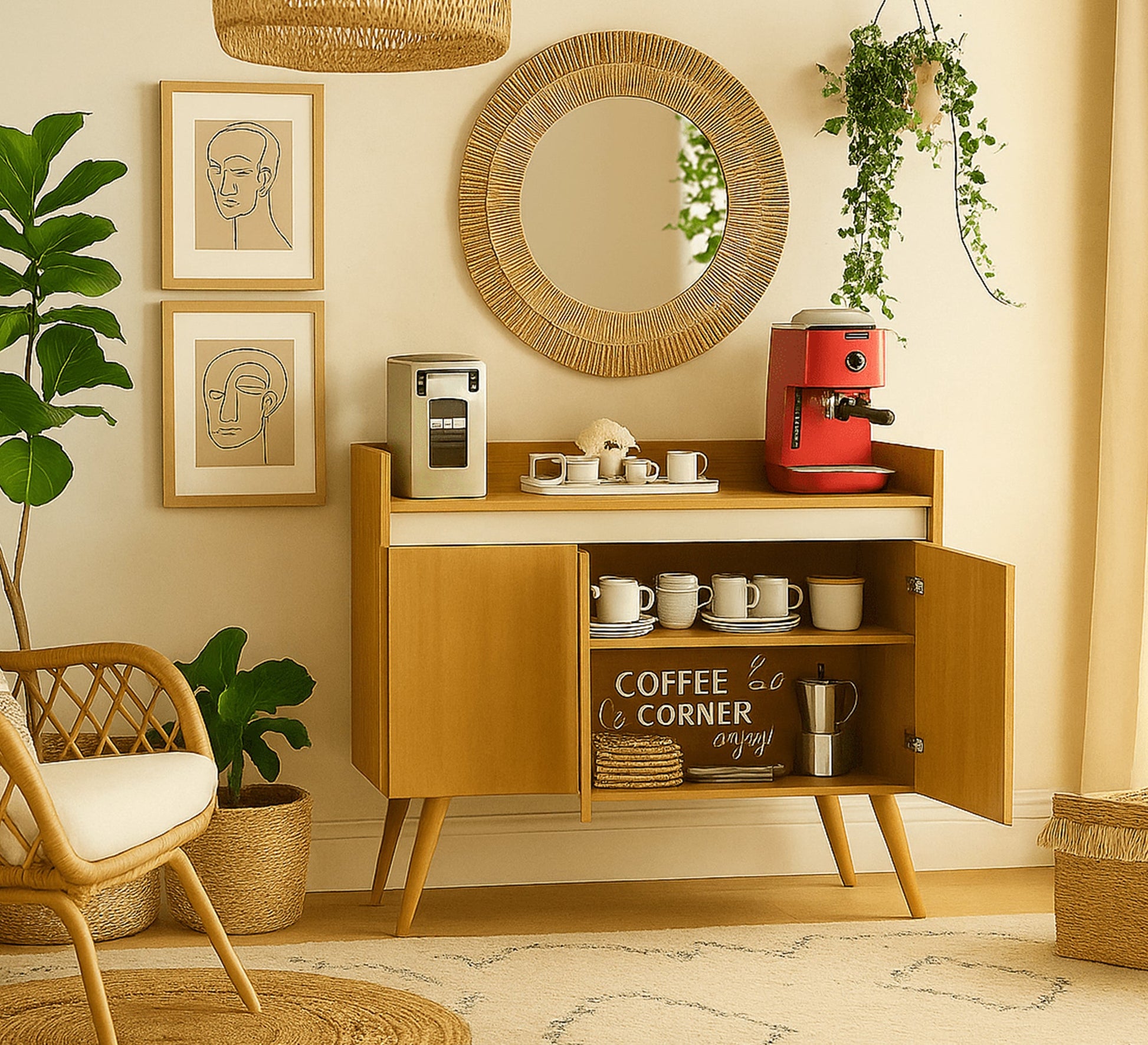 Modern wooden cabinet with high wooden legs - Vitrine Furniture - Coffee Corner