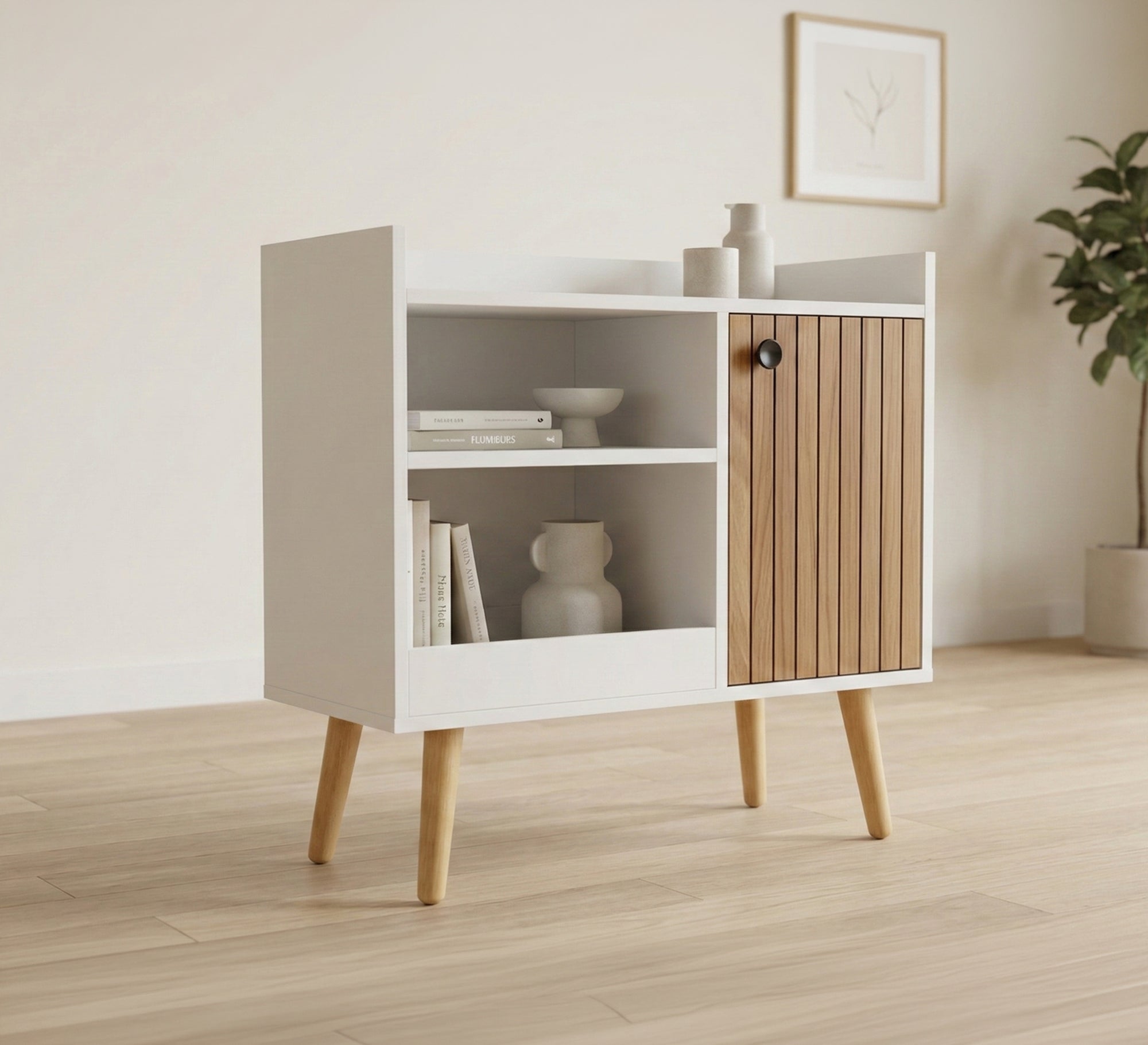 Modern wooden cabinet with shelves and a ribbed wood door - Vitrine Furniture - Coffee Corner