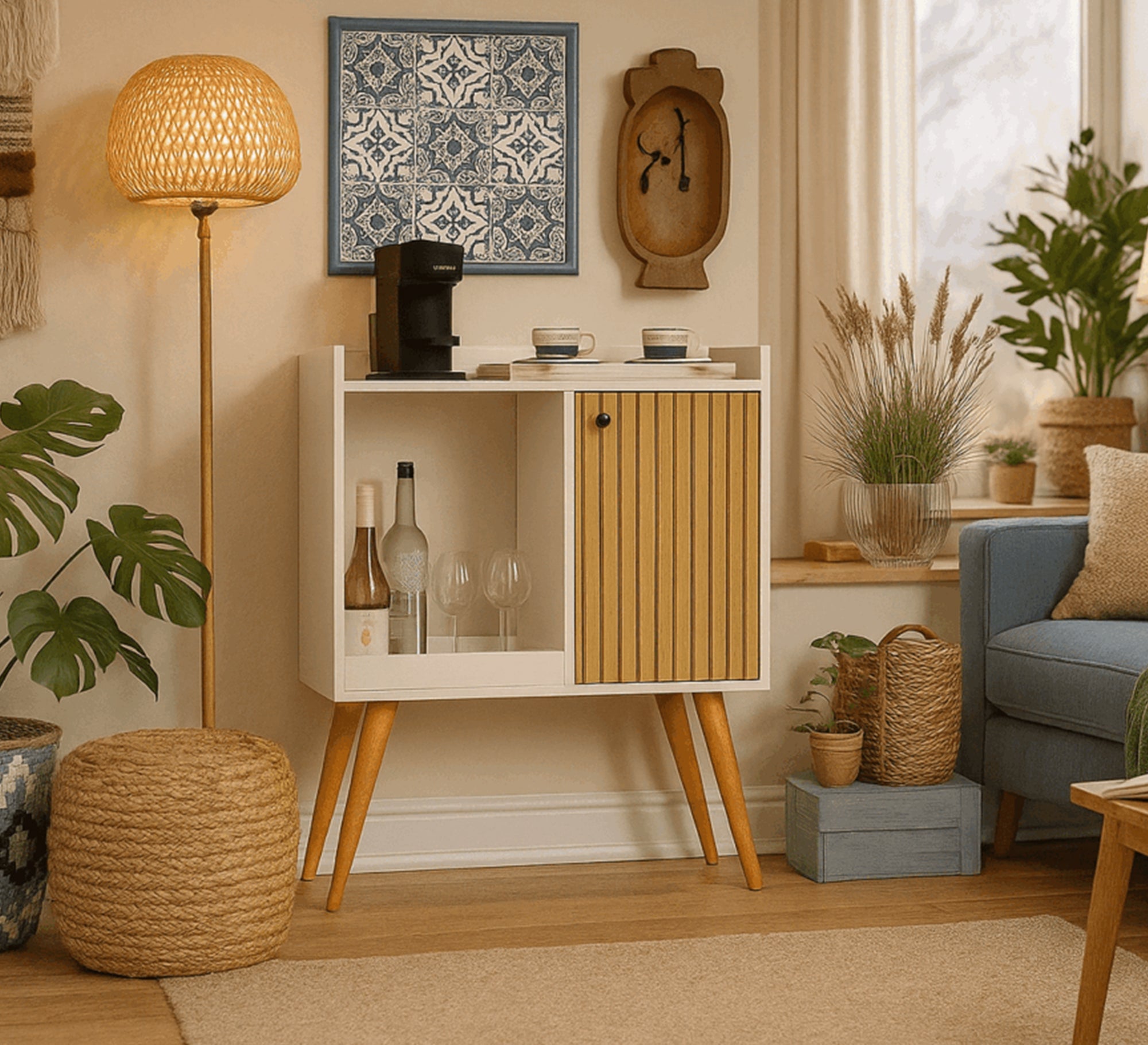 Modern wooden cabinet with shelves and a ribbed wood door - Vitrine Furniture - Coffee Corner