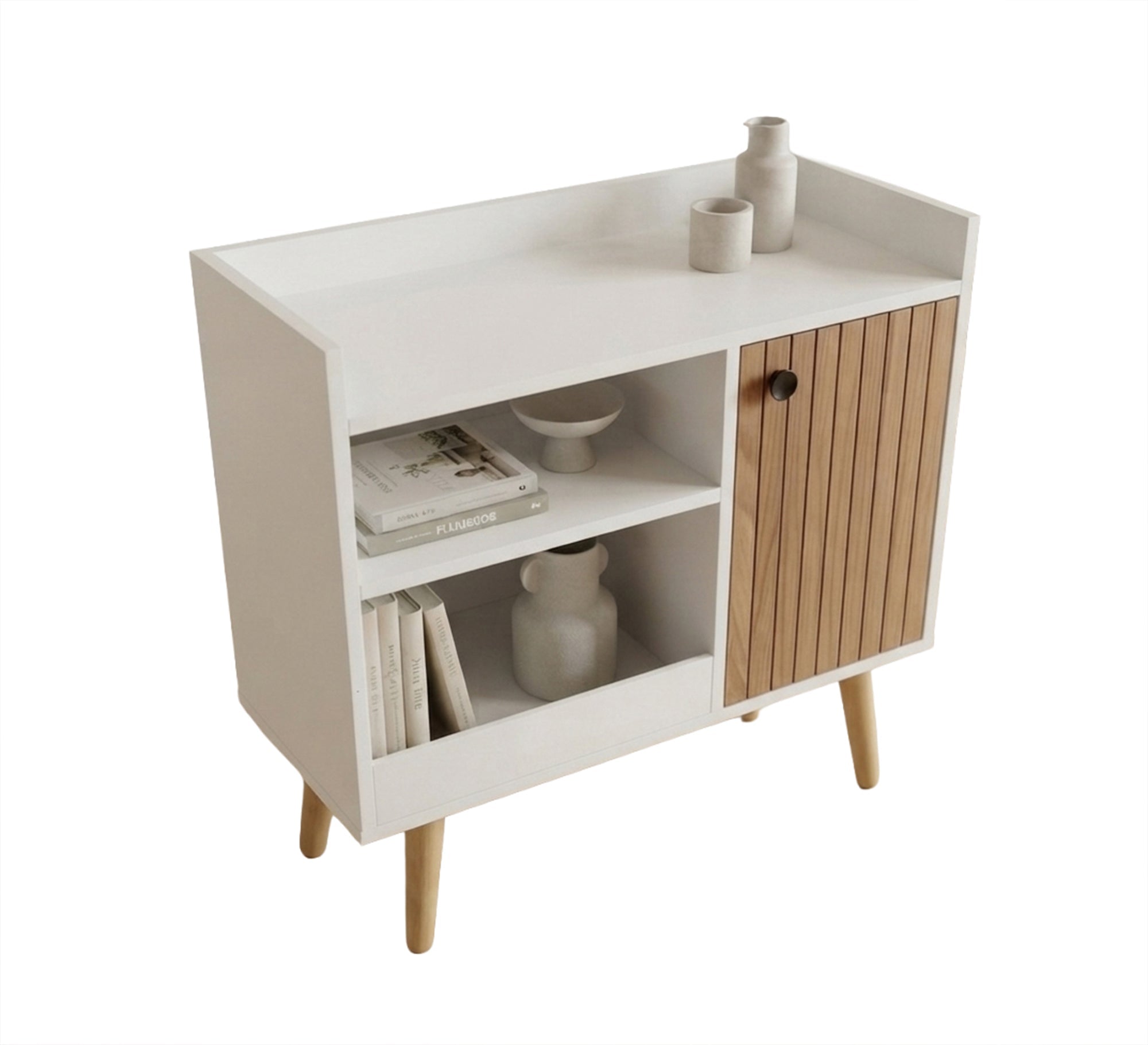 Modern wooden cabinet with shelves and a ribbed wood door - Vitrine Furniture - Coffee Corner
