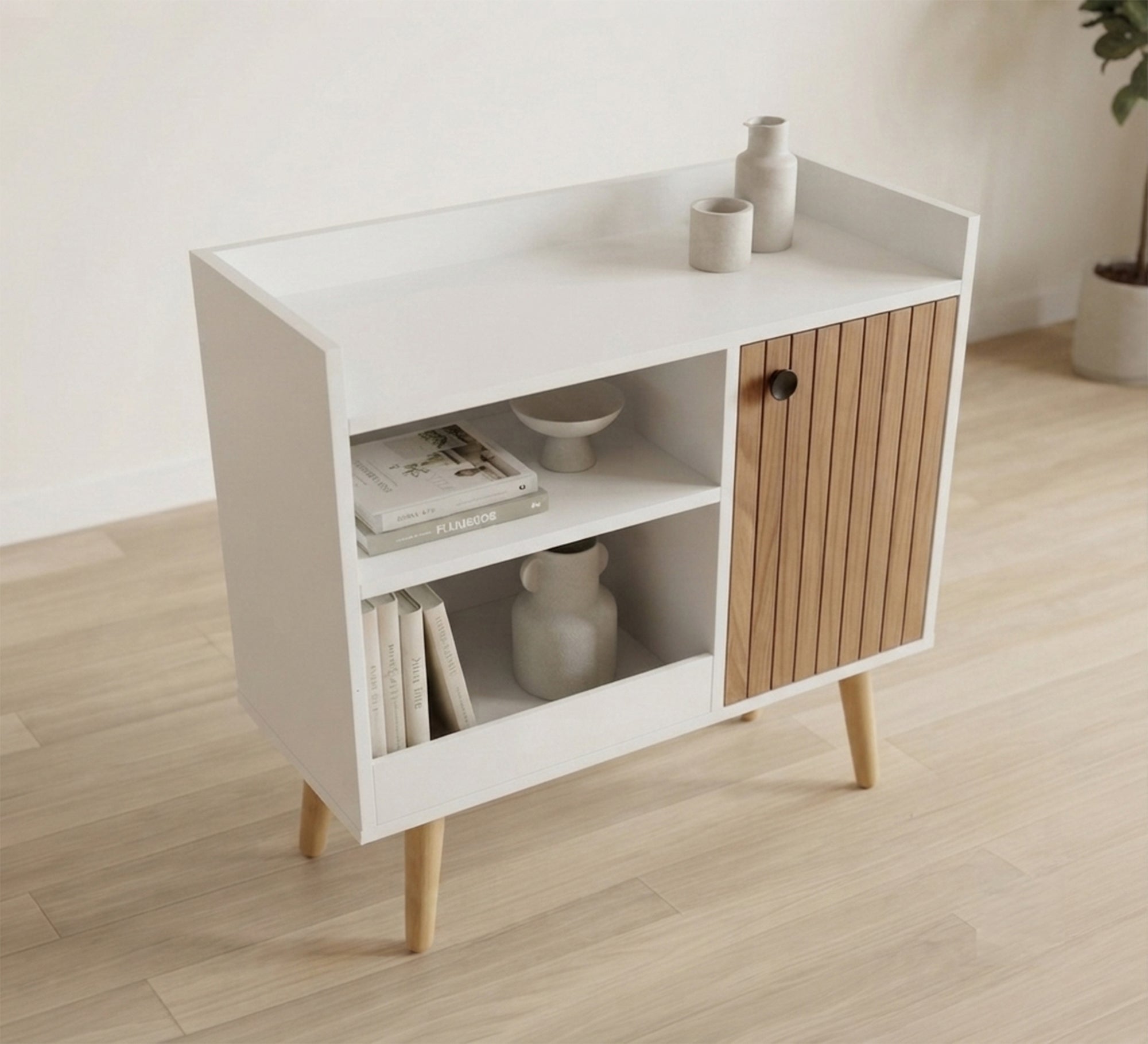 Modern wooden cabinet with shelves and a ribbed wood door - Vitrine Furniture - Coffee Corner