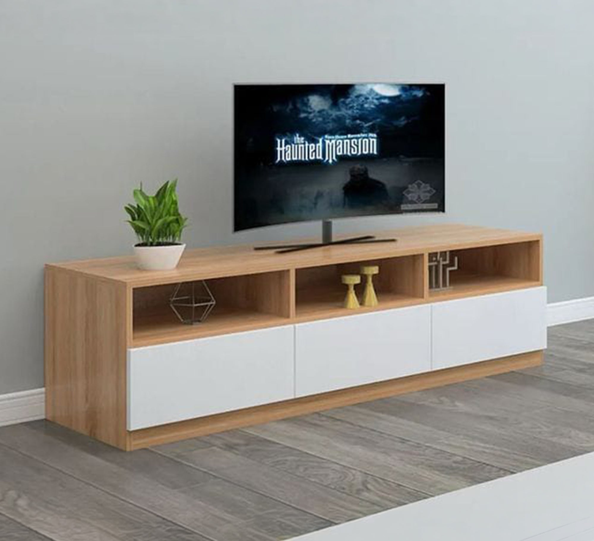 Modern wooden TV stand with white drawers - Vitrine Furniture - TV Table & Cabinet