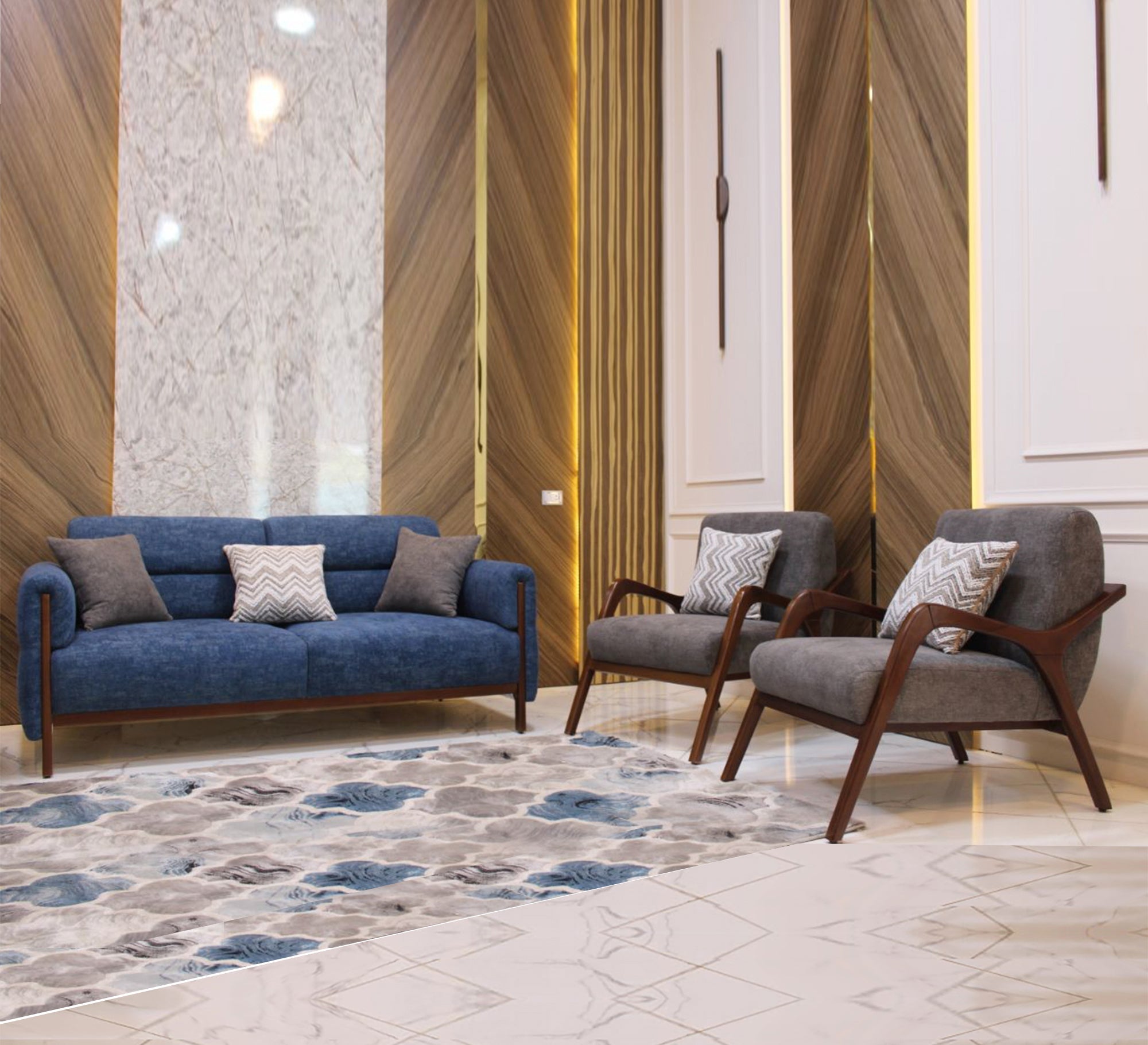 Navy and grey living room with raised legs - Vitrine Furniture - Furniture