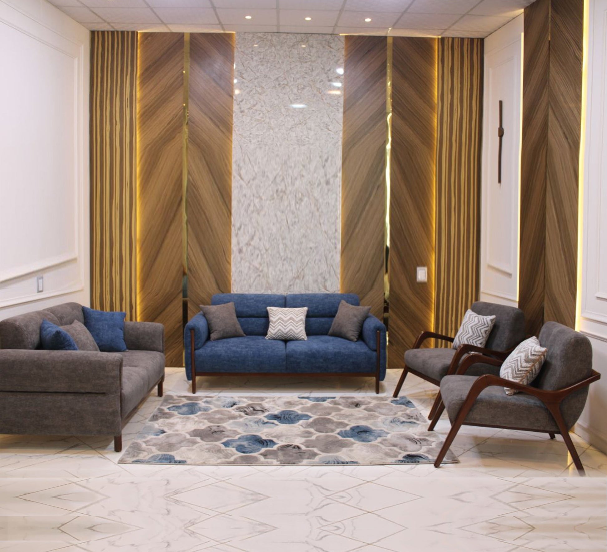 Navy and grey living room with raised legs - Vitrine Furniture - Furniture