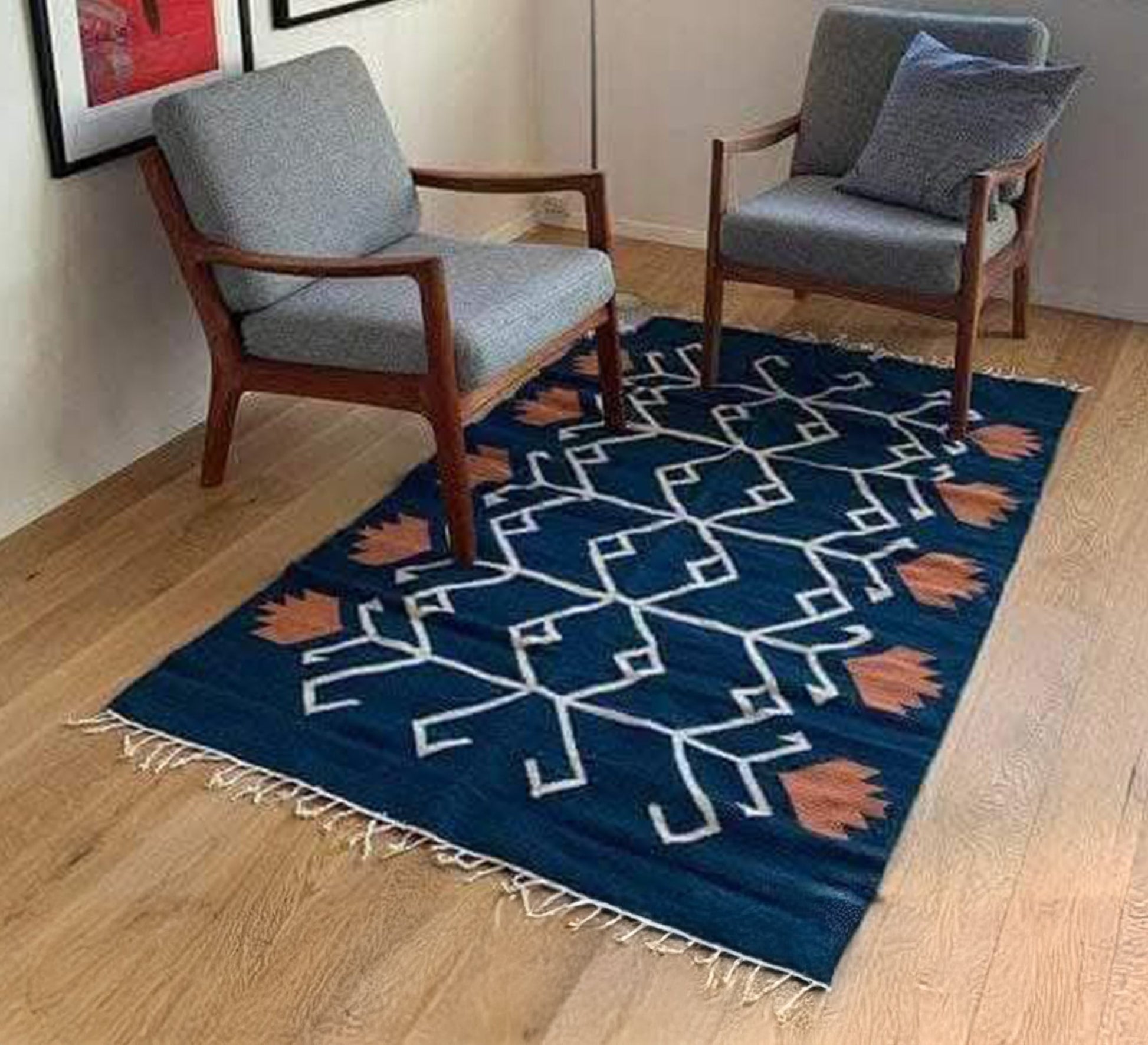Navy blue rug with a white and orange floral pattern - Vitrine Furniture - Accessories