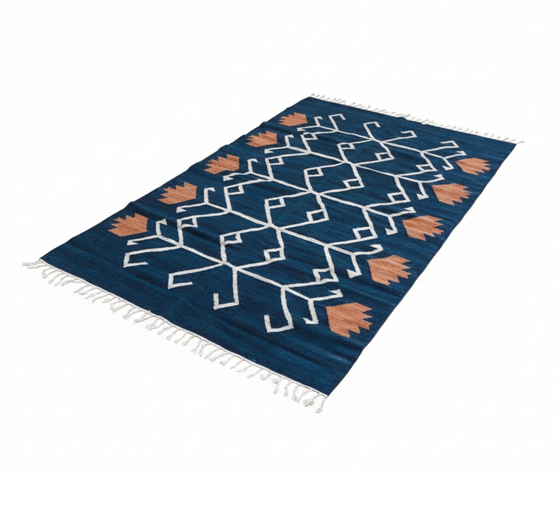 Navy blue rug with a white and orange floral pattern - Vitrine Furniture - Accessories