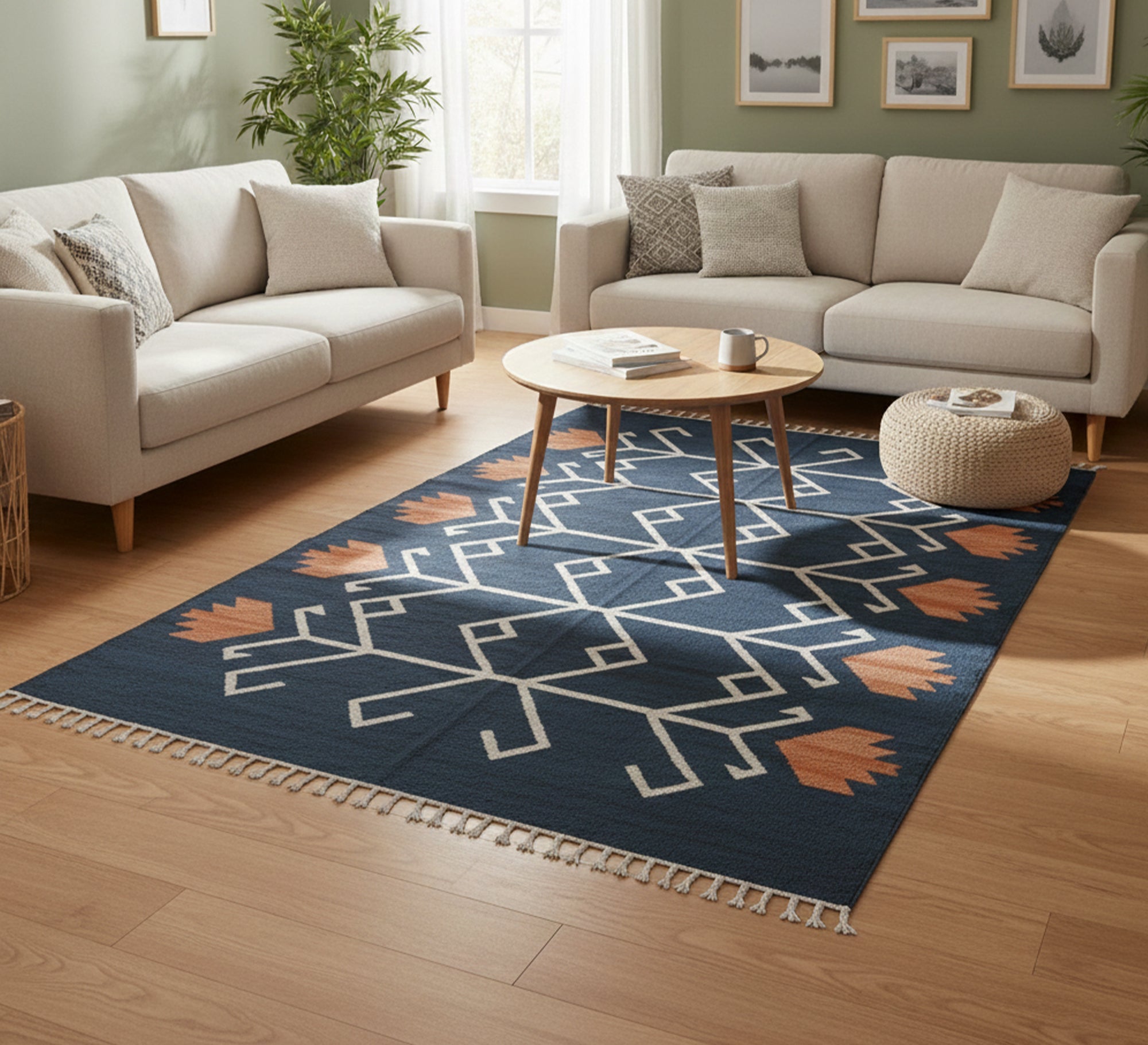 Navy blue rug with a white and orange floral pattern - Vitrine Furniture - Accessories