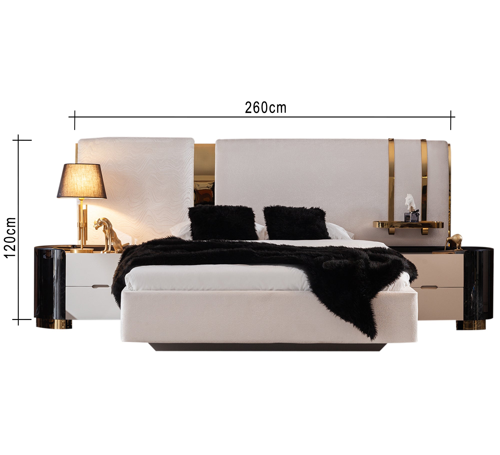 Off - white bed with a high headboard and gold trim - Vitrine Furniture - Furniture