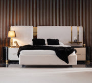 Off - white bed with a high headboard and gold trim - Vitrine Furniture - Furniture