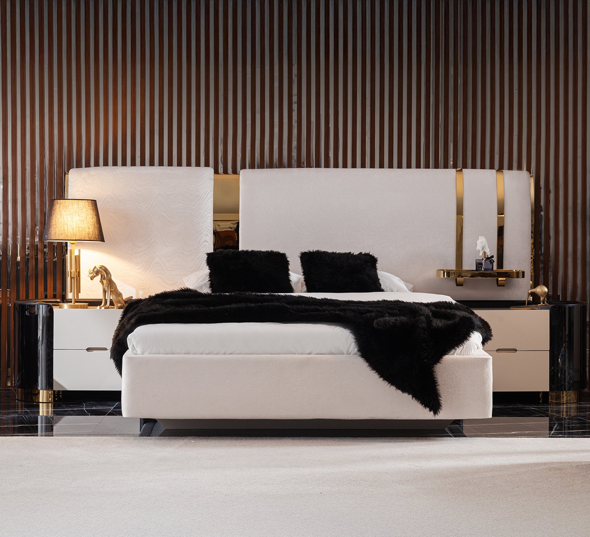 Off - white bed with a high headboard and gold trim - Vitrine Furniture - Furniture