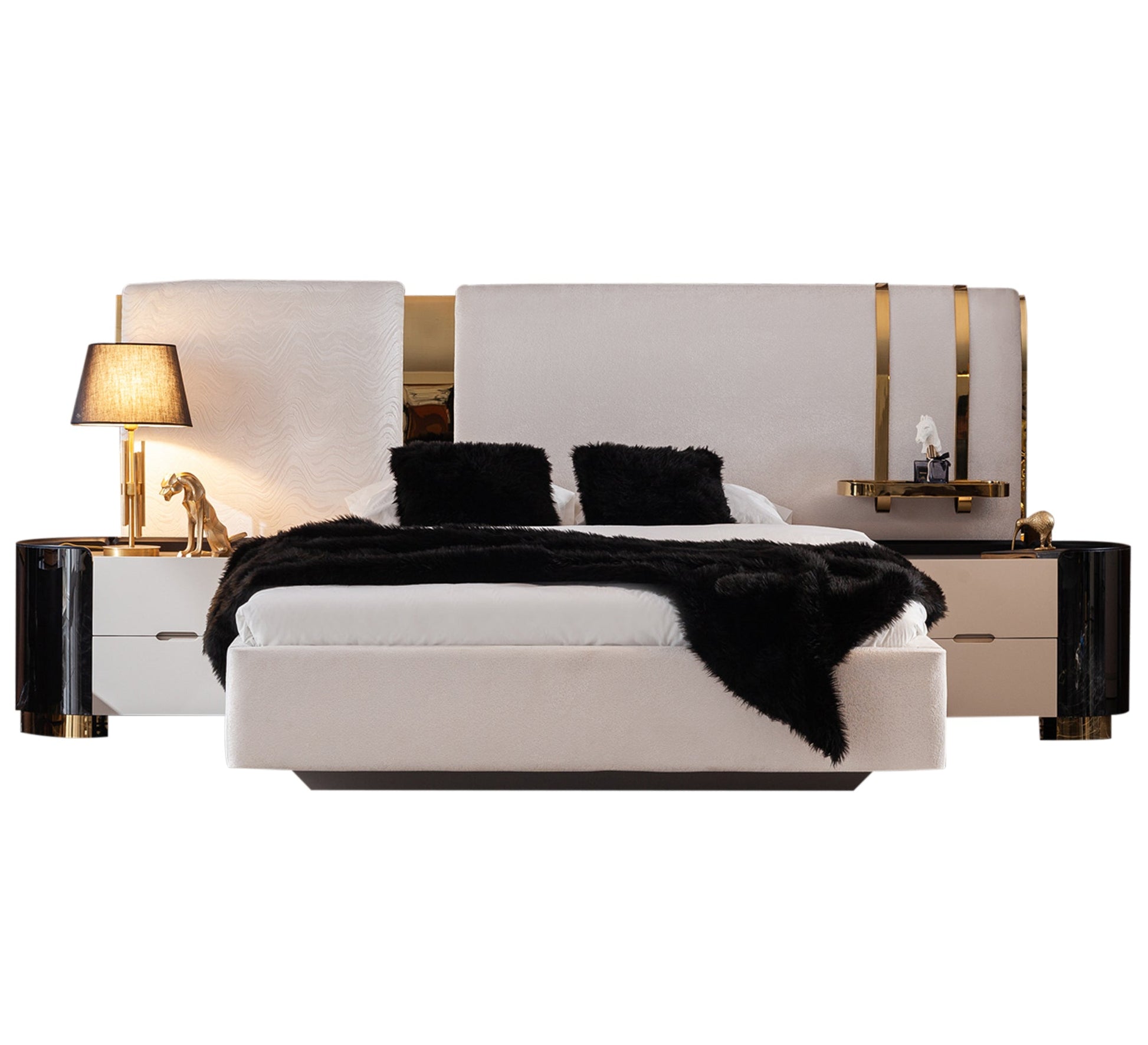Off - white bed with a high headboard and gold trim - Vitrine Furniture - Furniture