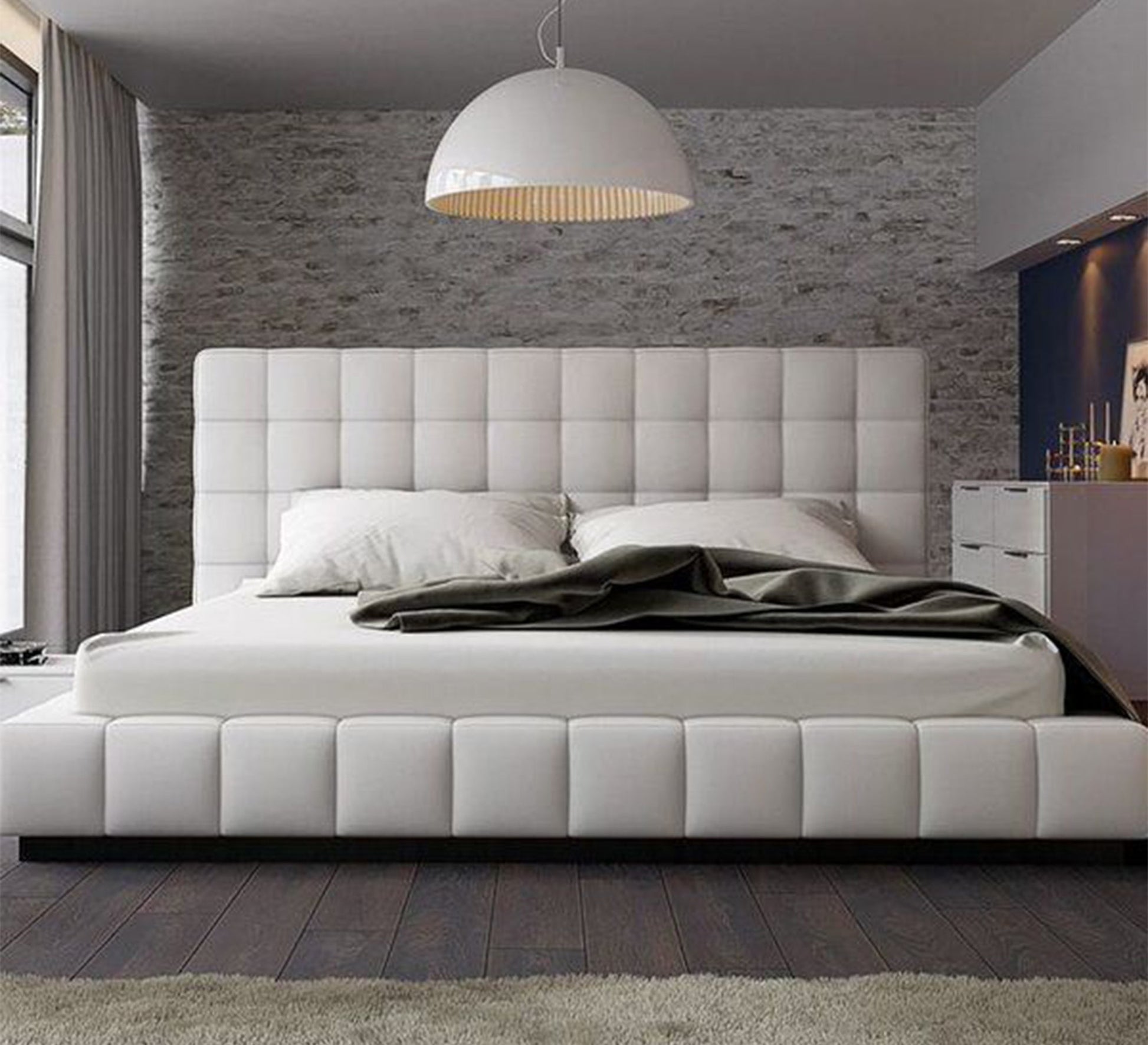 Off white upholstered bed with modern design and superior comfort - Vitrine Furniture - Furniture