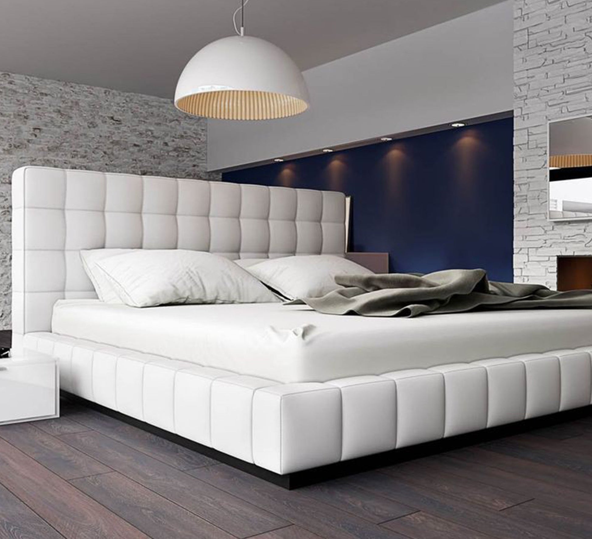 Off white upholstered bed with modern design and superior comfort - Vitrine Furniture - Furniture