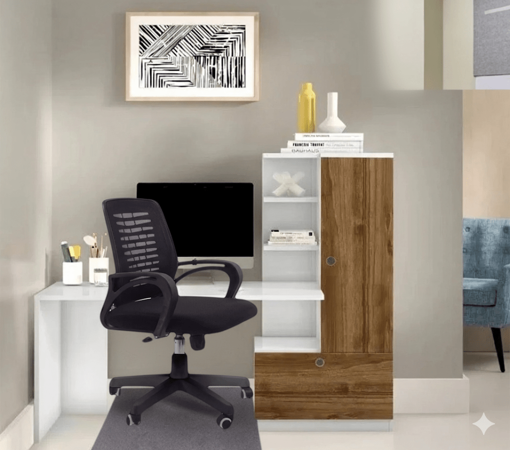 Office desk with doors and side shelves with a black chair - Vitrine Furniture - Furniture