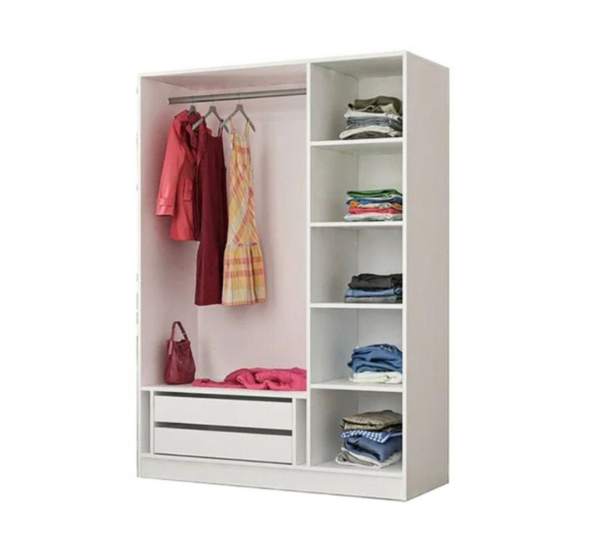 Open wardrobe with hanging unit, shelves, and two drawers - Vitrine Furniture - Furniture