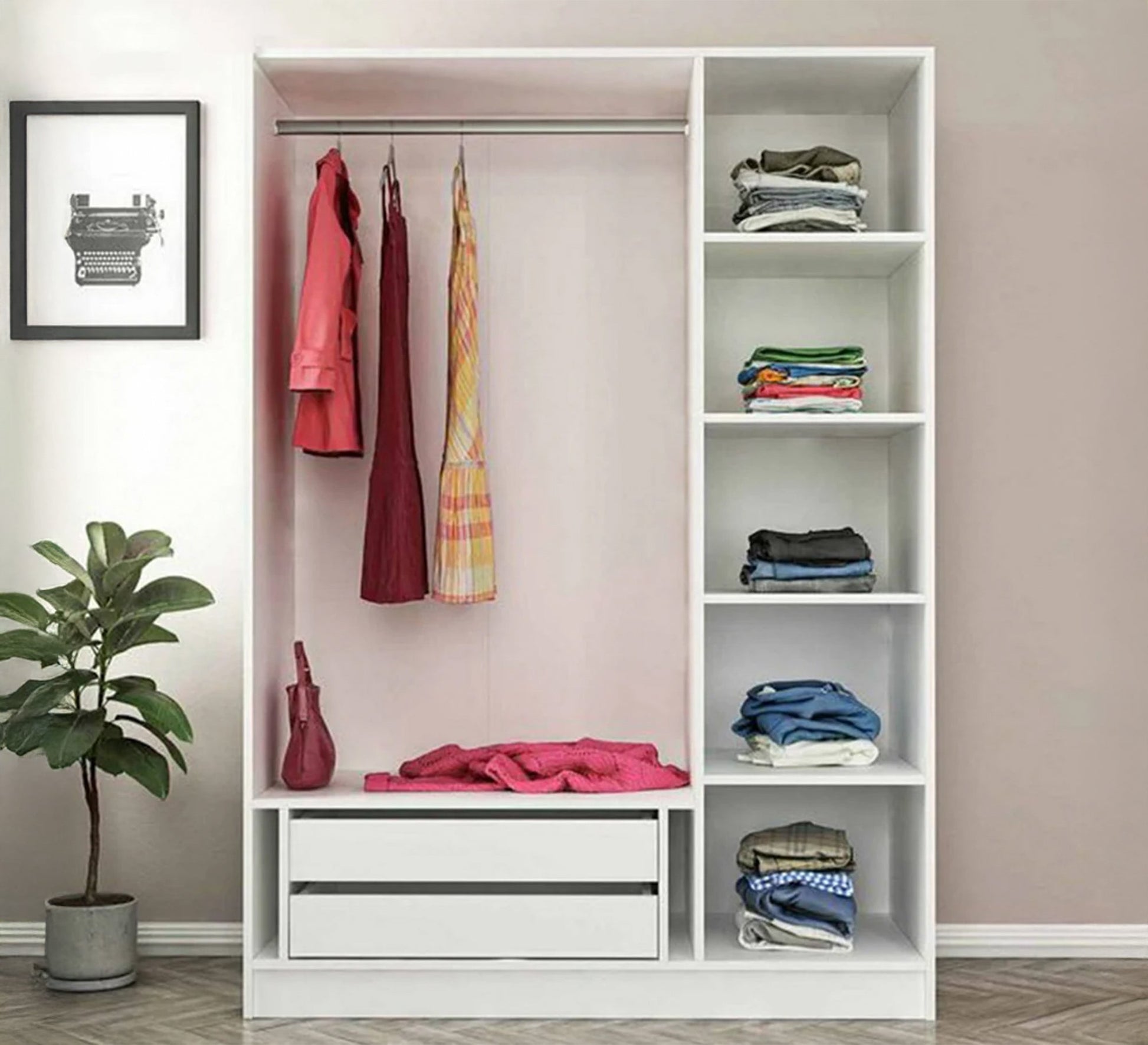 Open wardrobe with hanging unit, shelves, and two drawers - Vitrine Furniture - Furniture