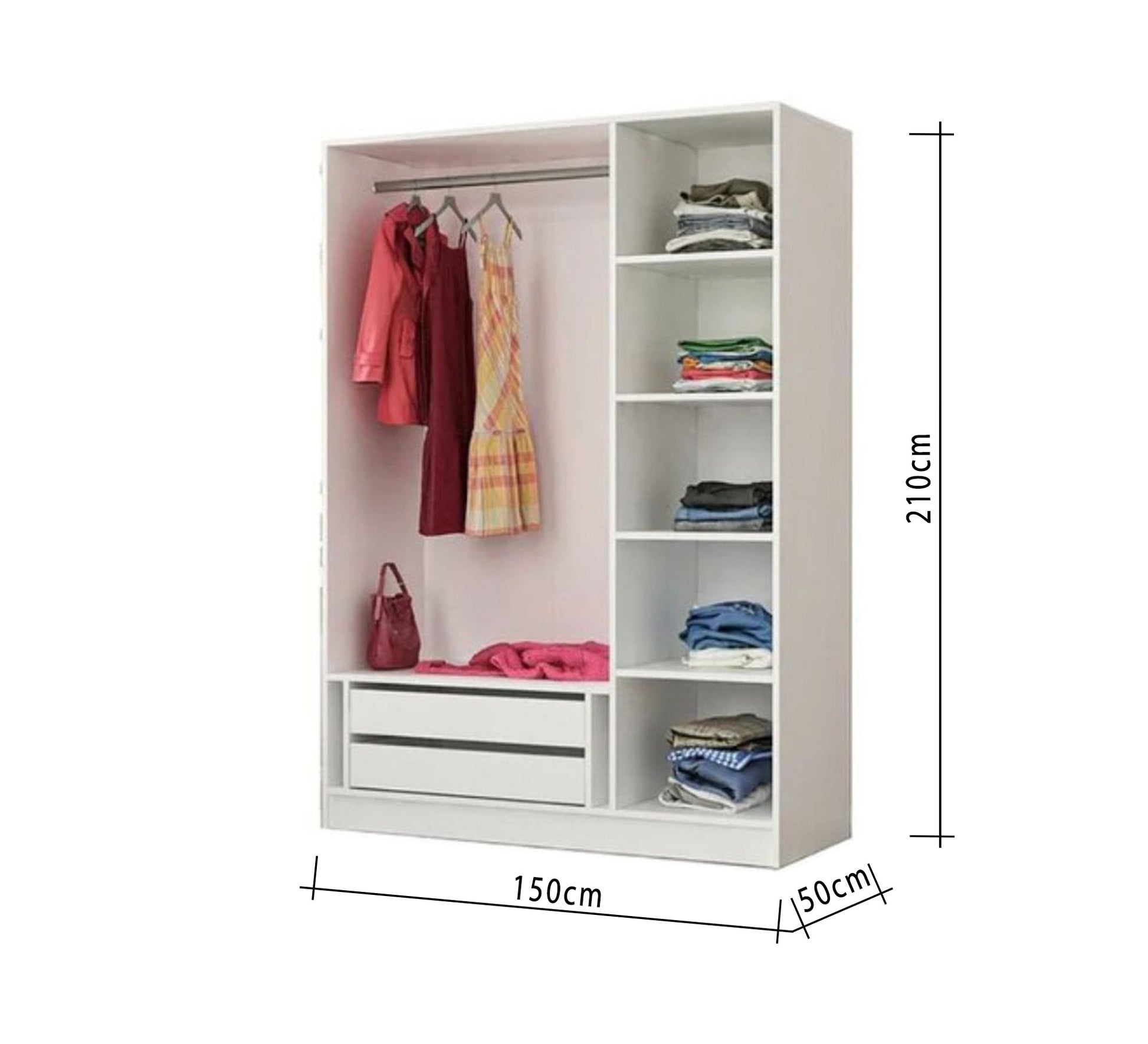 Open wardrobe with hanging unit, shelves, and two drawers - Vitrine Furniture - Furniture