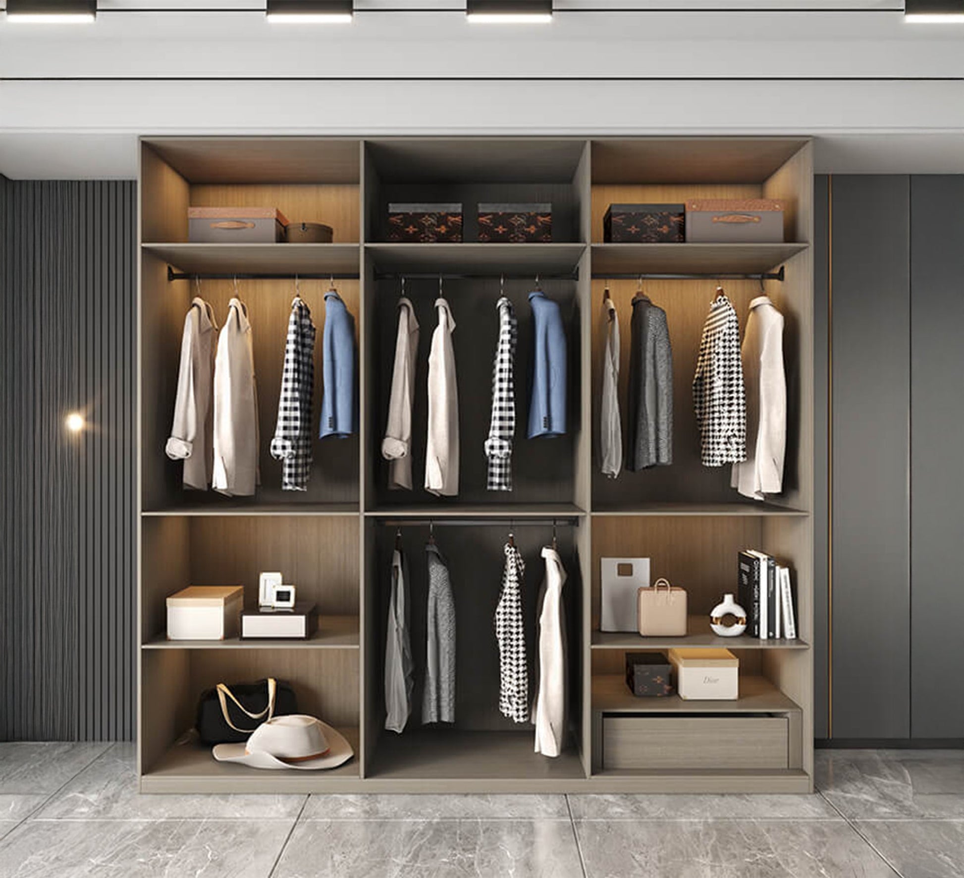Open wardrobe with multiple, organized shelves - Vitrine Furniture - Furniture