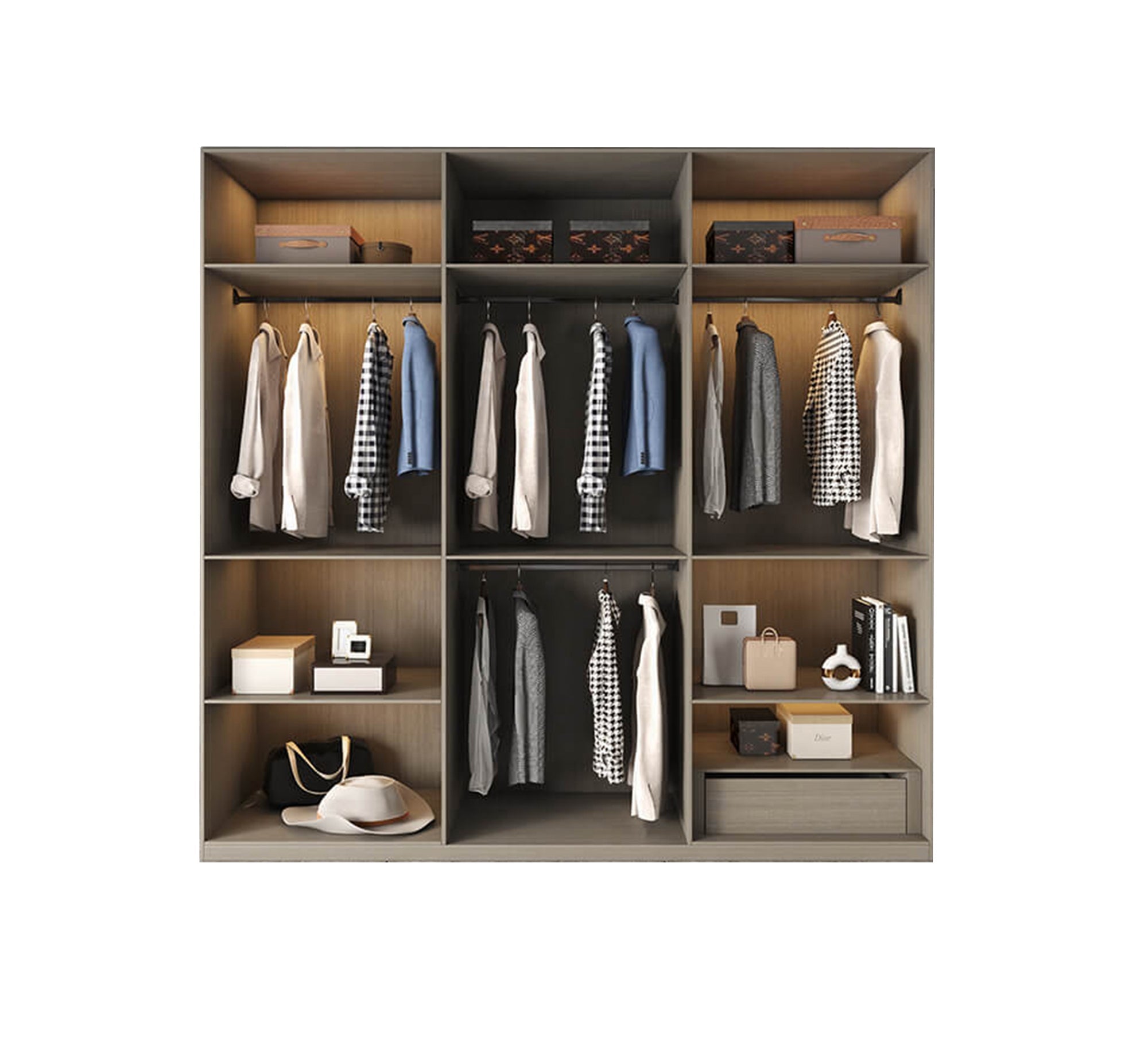 Open wardrobe with multiple, organized shelves - Vitrine Furniture - Furniture