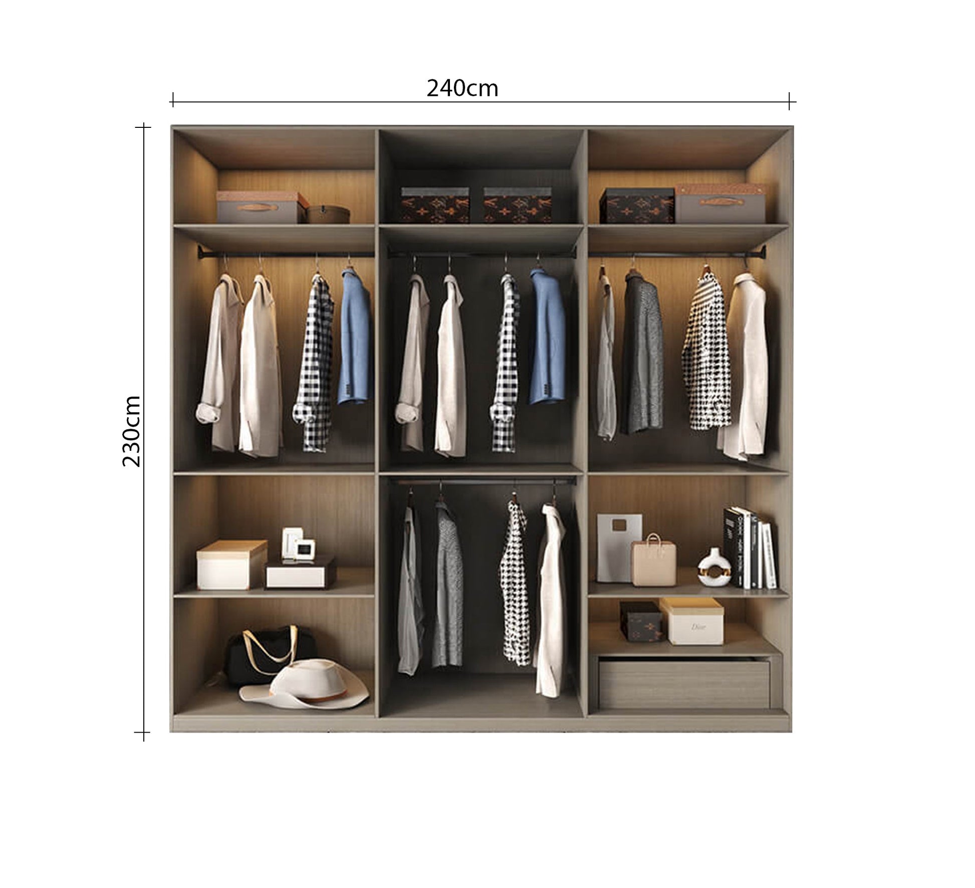 Open wardrobe with multiple, organized shelves - Vitrine Furniture - Furniture