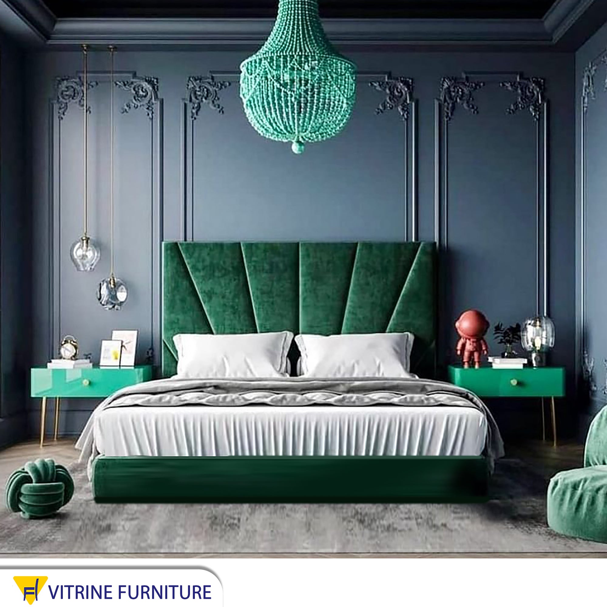 سرير منجد أخضر