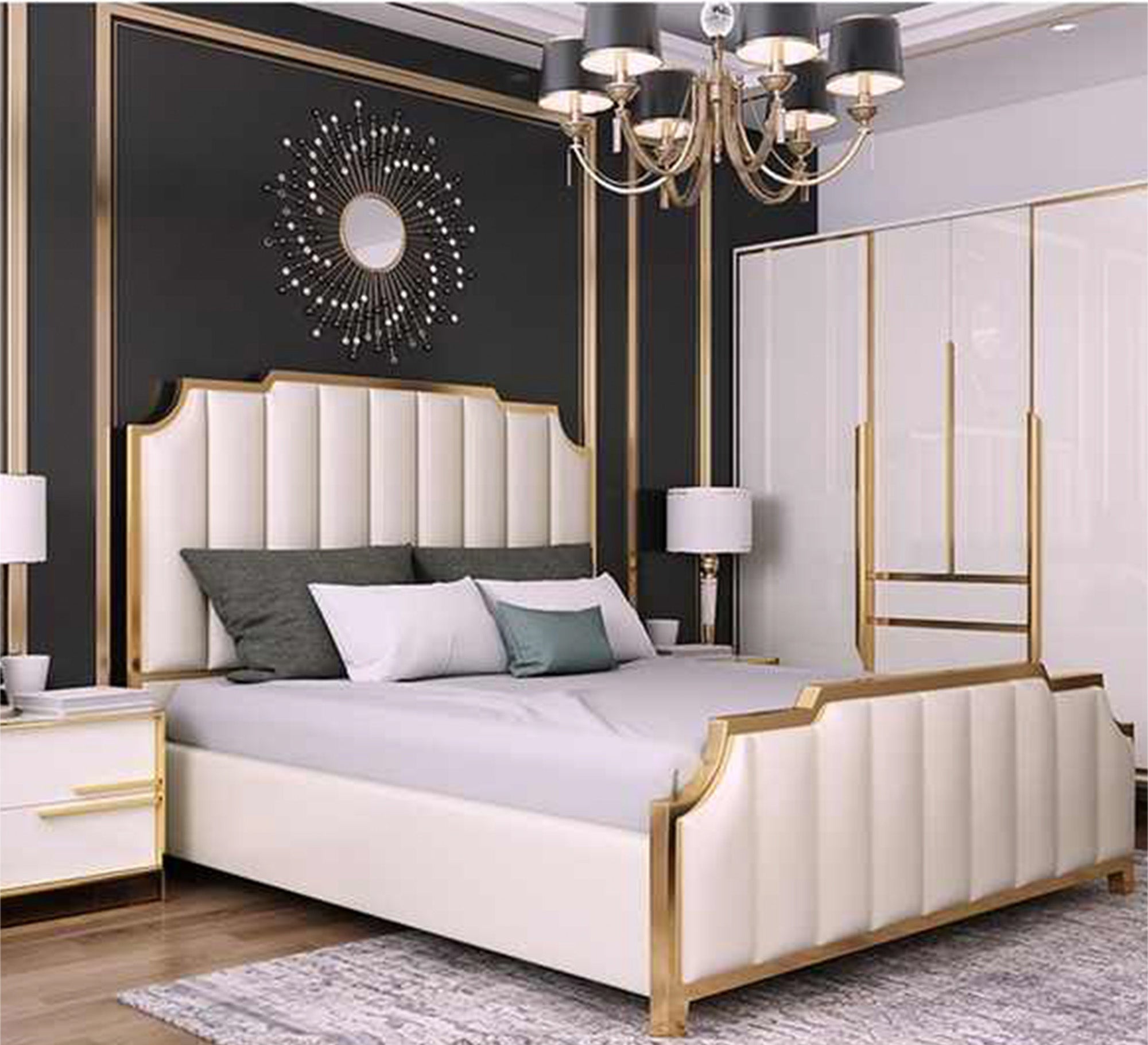 Pearly white bed with split lengthwise upholstery - Vitrine Furniture - Furniture